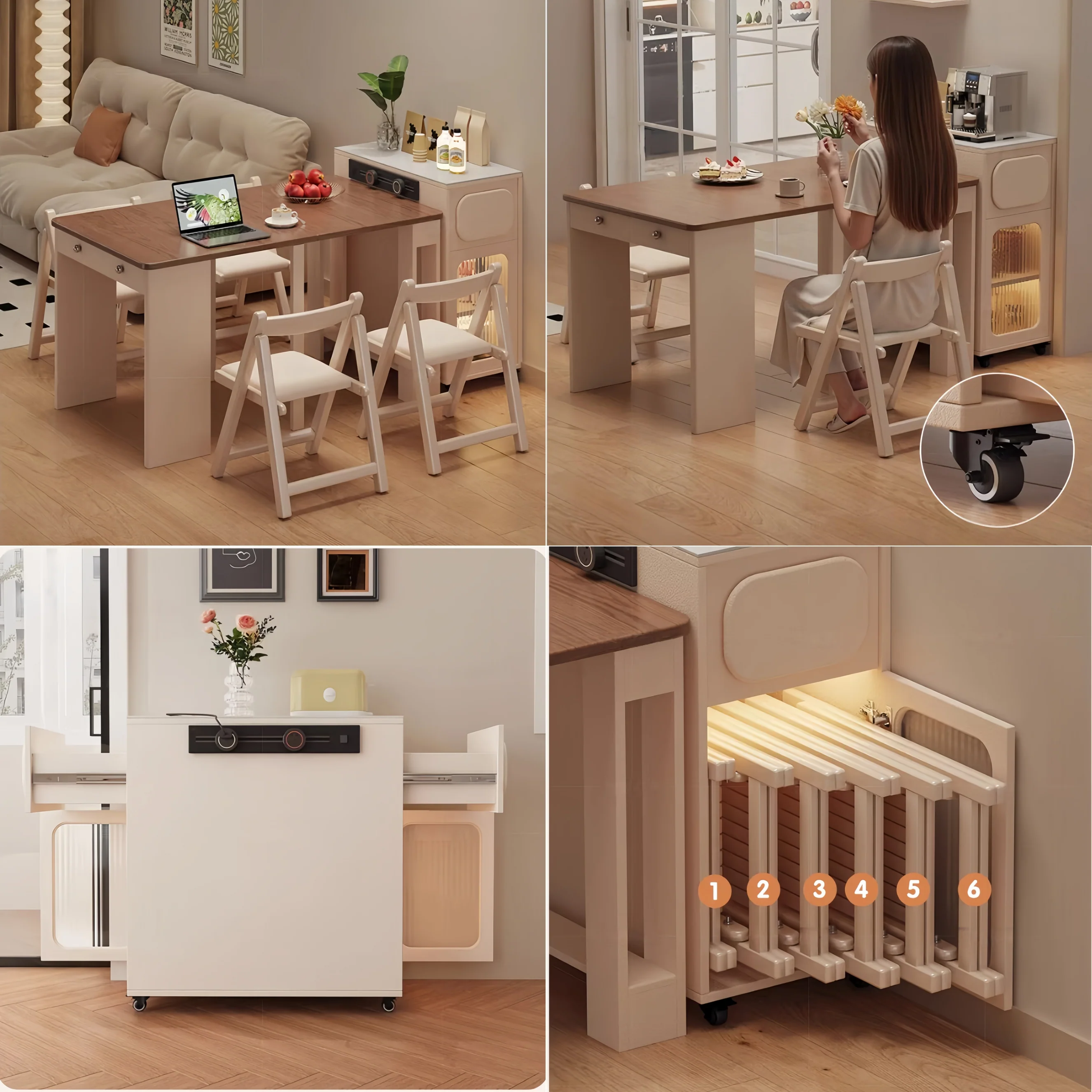 Extendable Dining Table with Rolling Sideboard Cabinet and Chairs Set