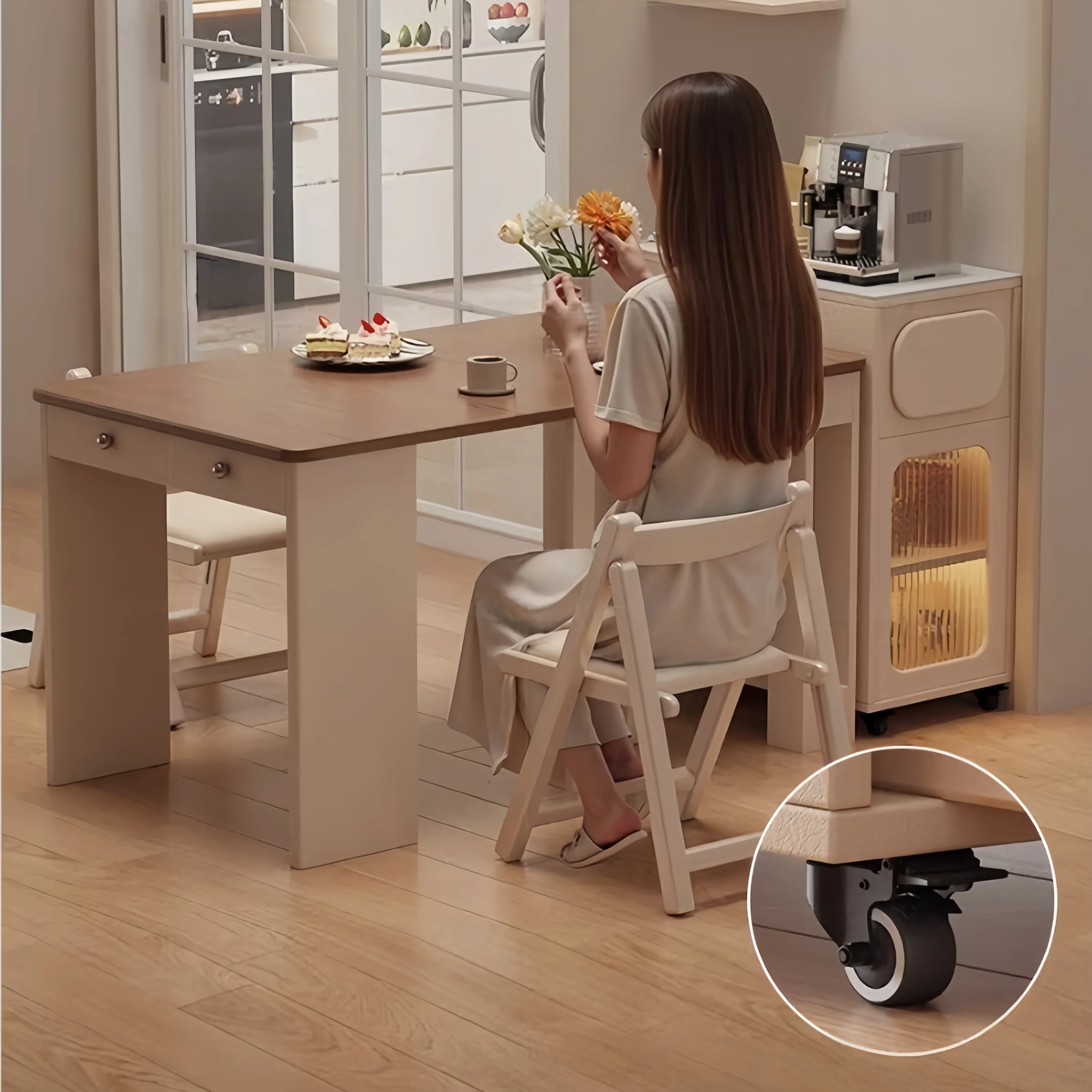 Extendable Dining Table with Rolling Sideboard Cabinet and Chairs Set - Image 10