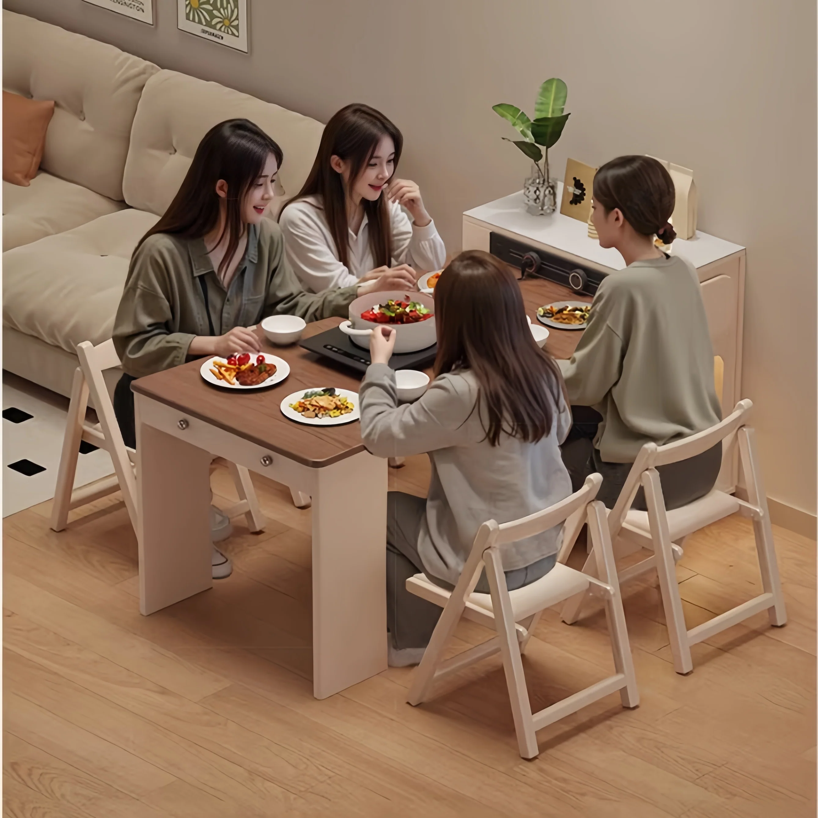 Extendable Dining Table with Rolling Sideboard Cabinet and Chairs Set - Image 7