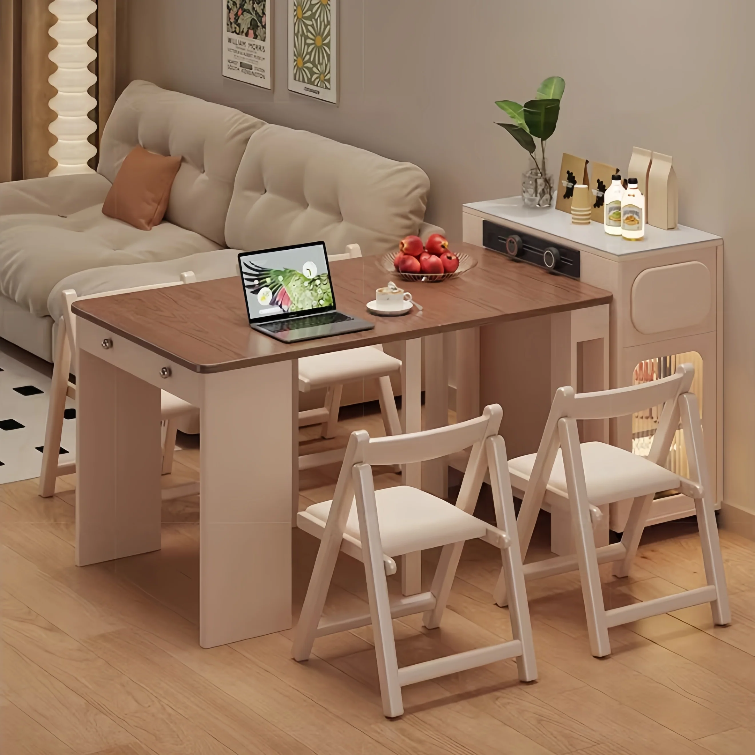 Extendable Dining Table with Rolling Sideboard Cabinet and Chairs Set - Image 8