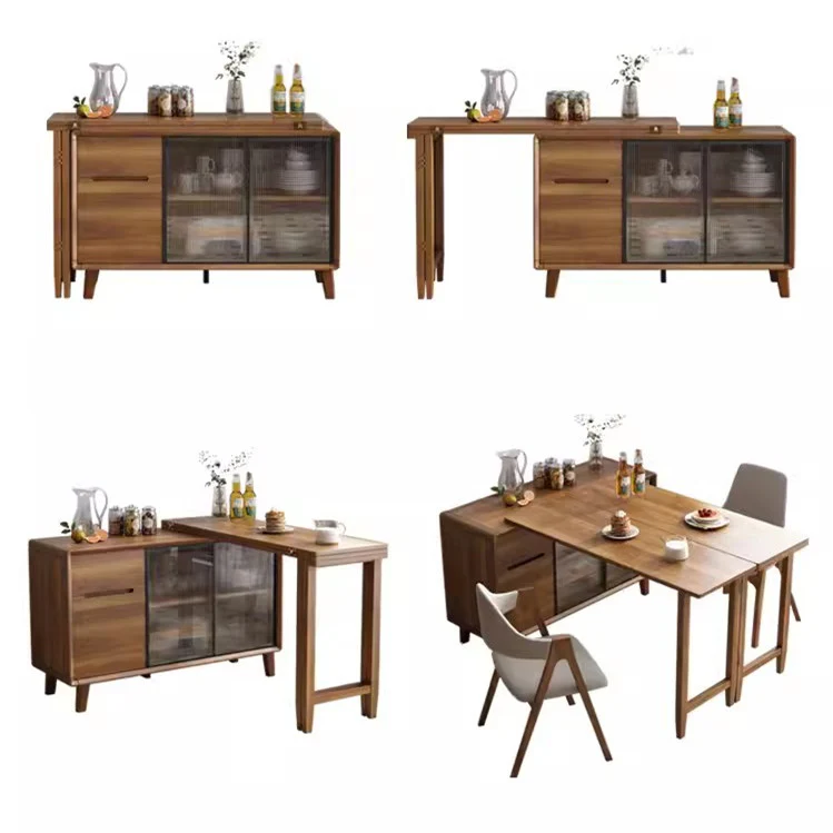 Folding Dining Table and Cabinet in One with Glass Sliding Doors and Storage Drawers