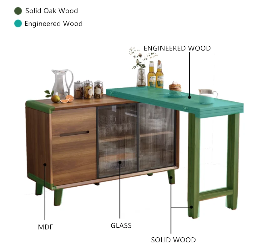 Folding Dining Table and Cabinet in One with Glass Sliding Doors and Storage Drawers - Image 10