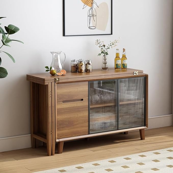 Folding Dining Table and Cabinet in One with Glass Sliding Doors and Storage Drawers - Image 2