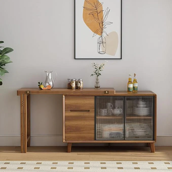 Folding Dining Table and Cabinet in One with Glass Sliding Doors and Storage Drawers - Image 3