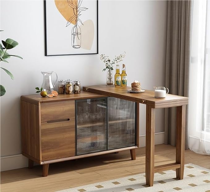 Folding Dining Table and Cabinet in One with Glass Sliding Doors and Storage Drawers - Image 4