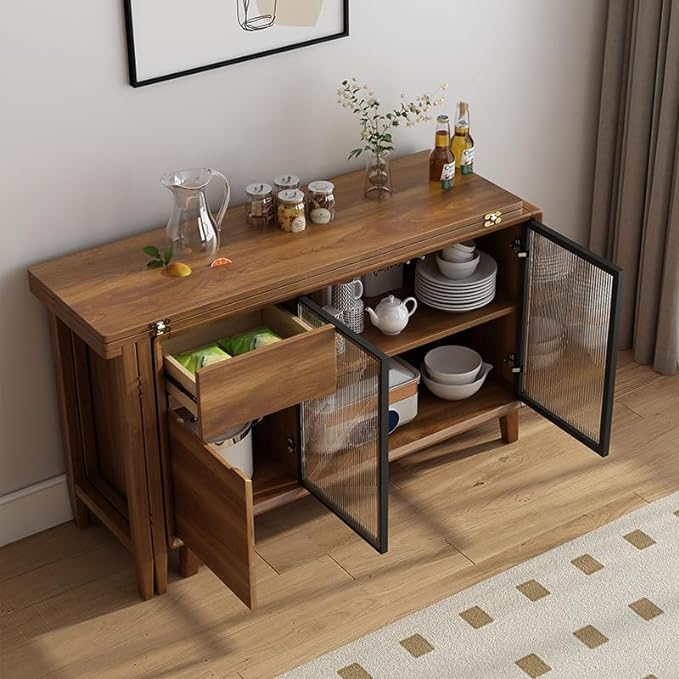 Folding Dining Table and Cabinet in One with Glass Sliding Doors and Storage Drawers - Image 6