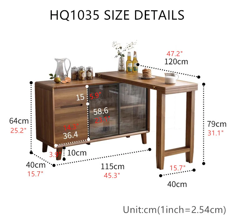 Folding Dining Table and Cabinet in One with Glass Sliding Doors and Storage Drawers - Image 7