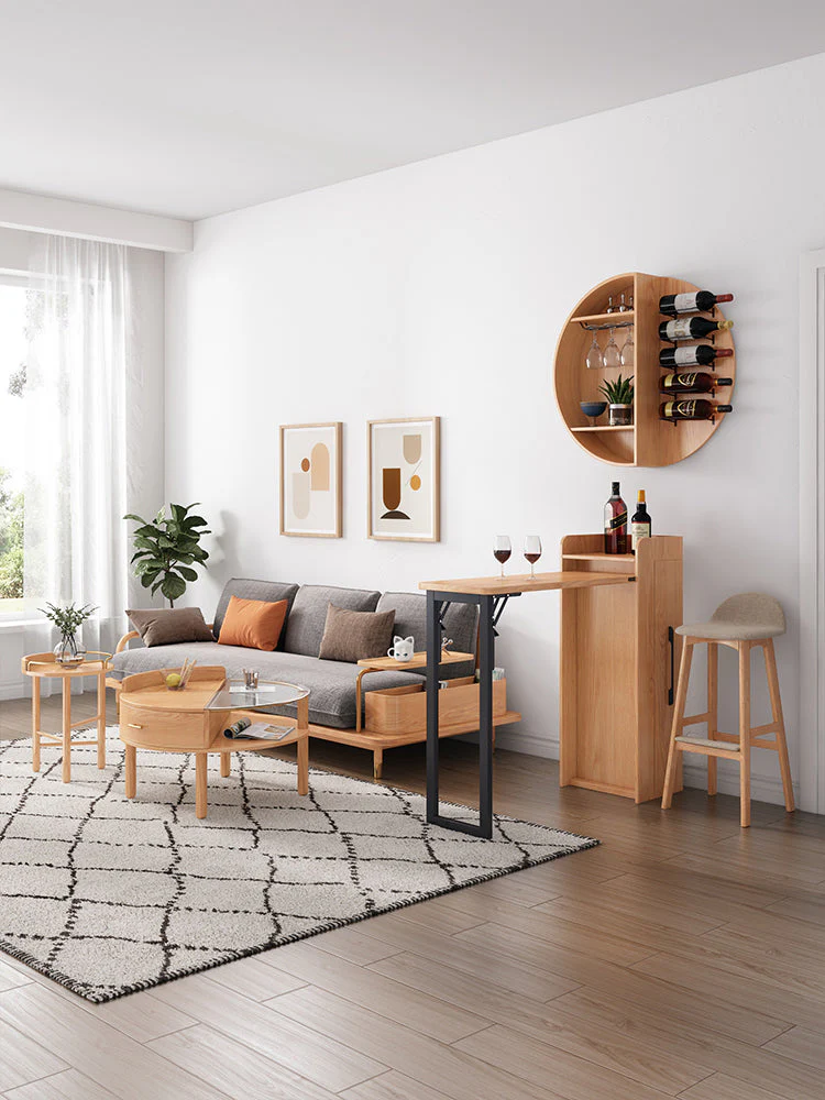 Folding Retractable Wine Bar Table With WALL Mounted Round Wine Shelf(no chairs) - Image 6