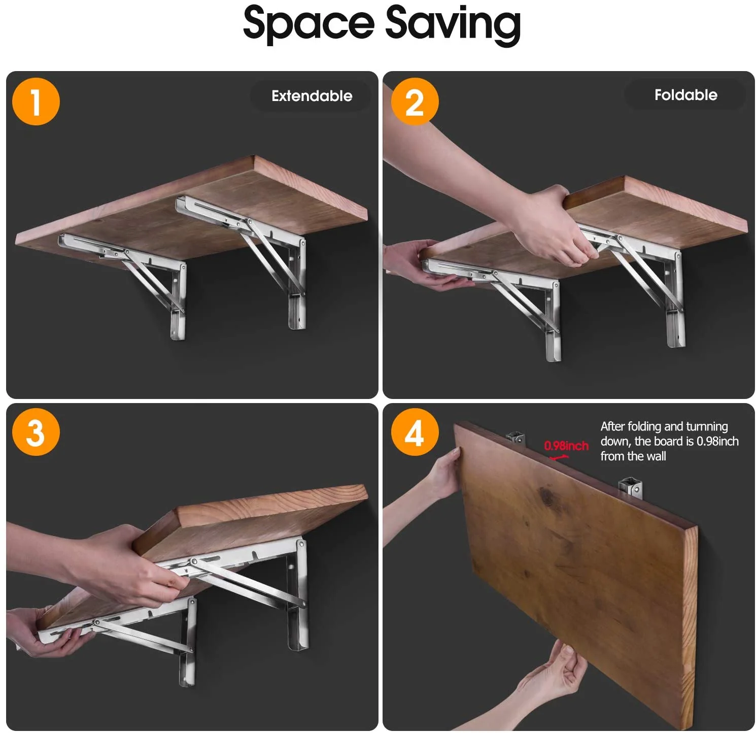 Heavy Duty Stainless Steel Collapsible Bracket for DIY Space Saving Wall Mounted Work Bench Pack of 2 - Image 4