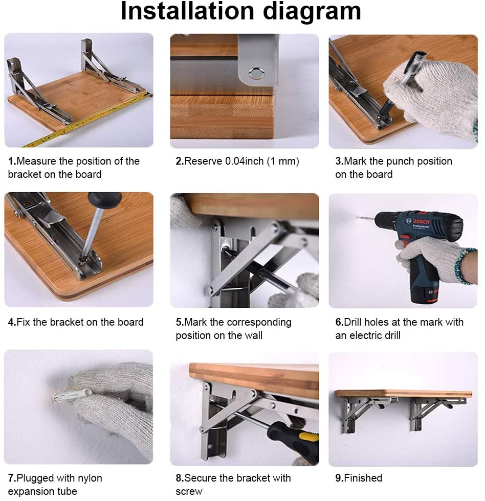 Heavy Duty Stainless Steel Collapsible Bracket for DIY Space Saving Wall Mounted Work Bench Pack of 2 - Image 5