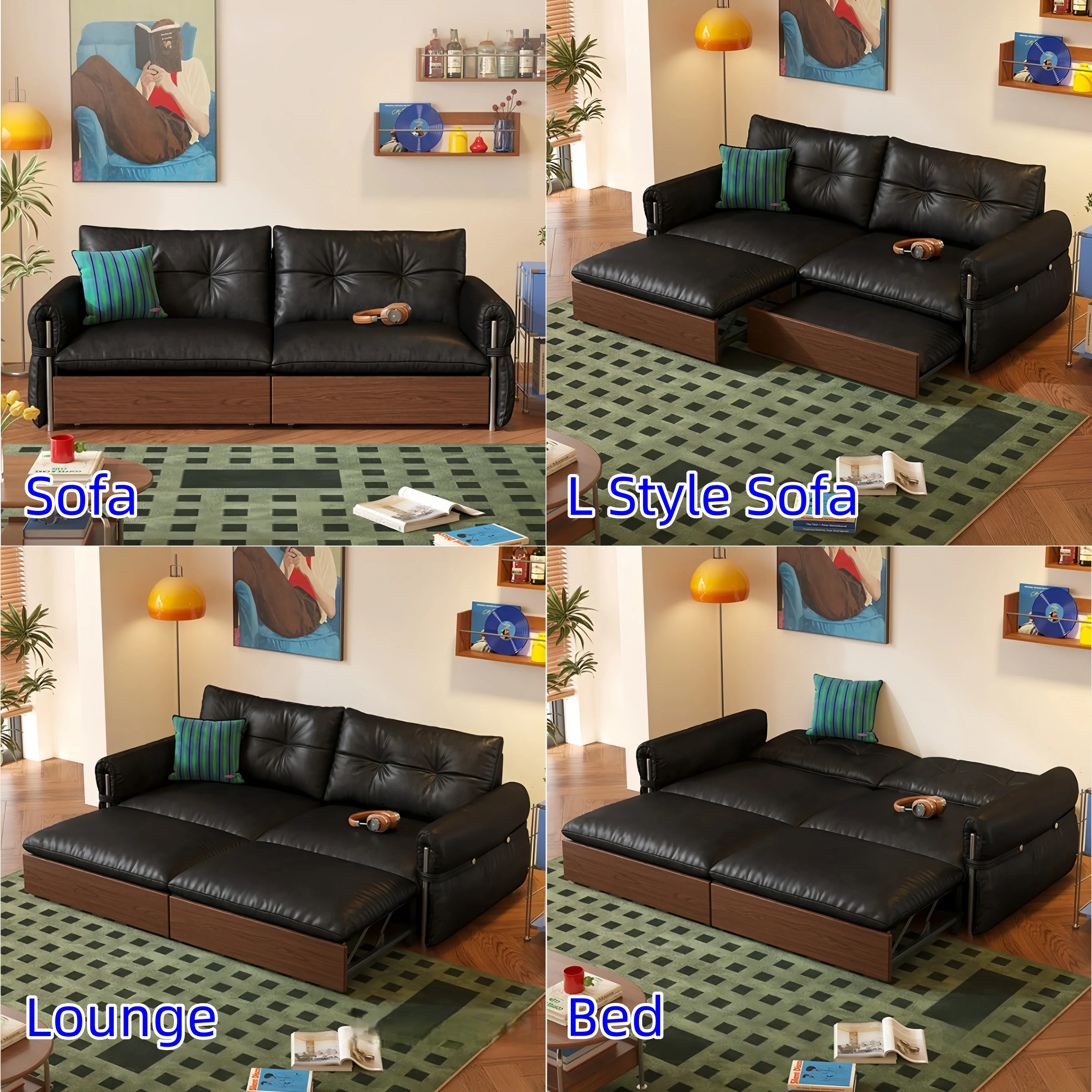 HERBURN 4-in-1 Oil Wax Leather Convertible Sofa Bed