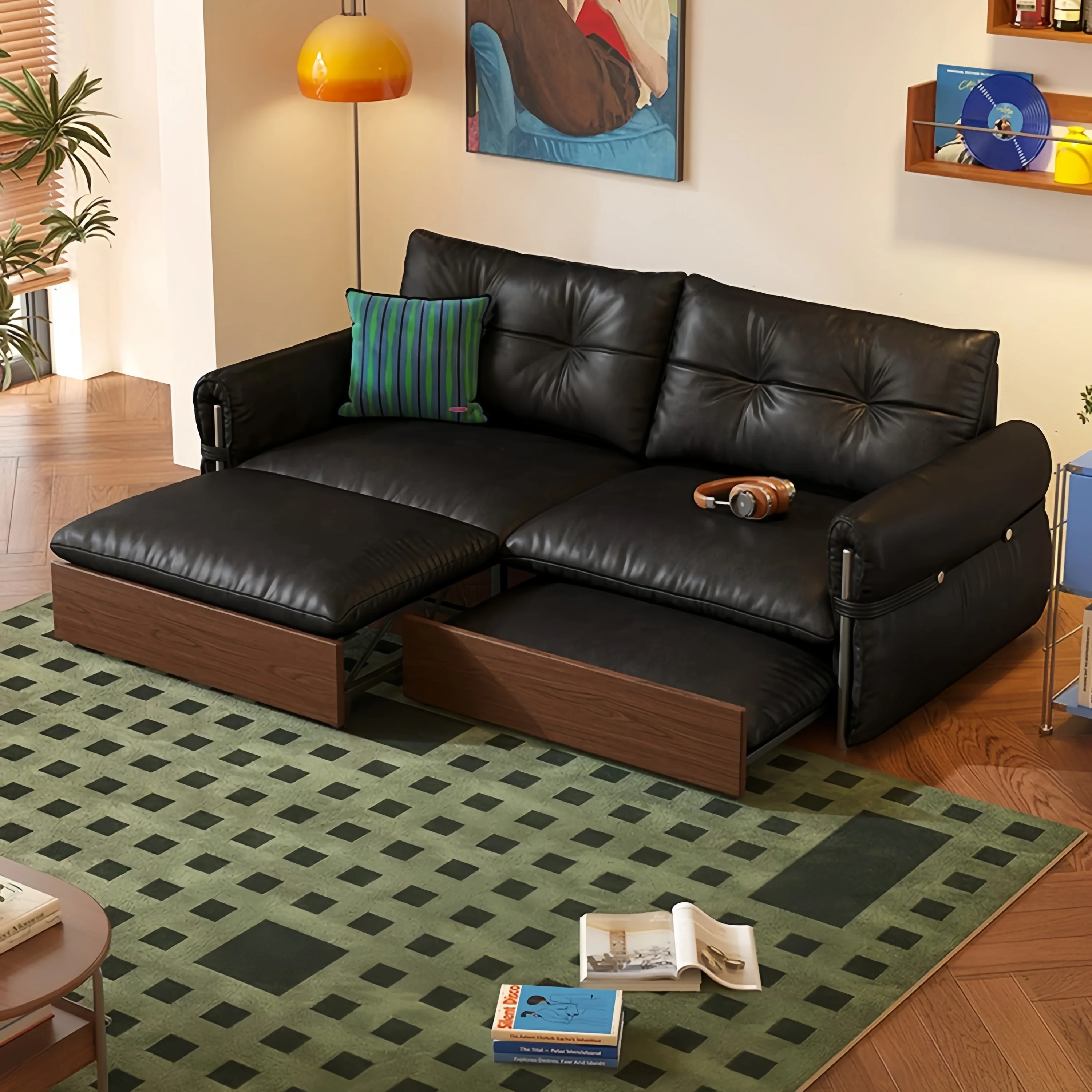 HERBURN 4-in-1 Oil Wax Leather Convertible Sofa Bed - Image 4