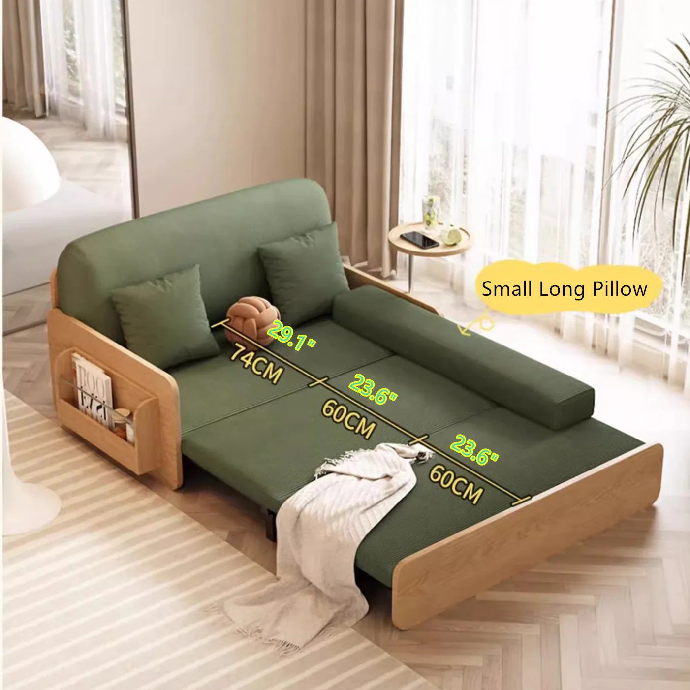 Japandi Log Style Pull Out Corduroy Fabric Sofa Bed with Rotating Armrest Tray and Storage - Image 10