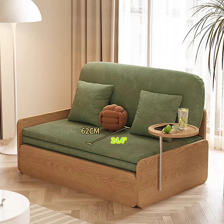 Japandi Log Style Pull Out Corduroy Fabric Sofa Bed with Rotating Armrest Tray and Storage - Image 11