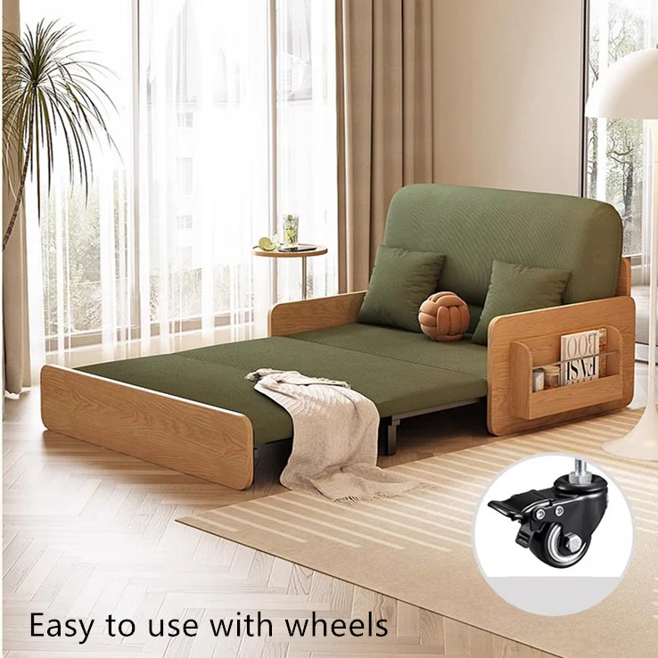 Japandi Log Style Pull Out Corduroy Fabric Sofa Bed with Rotating Armrest Tray and Storage - Image 12