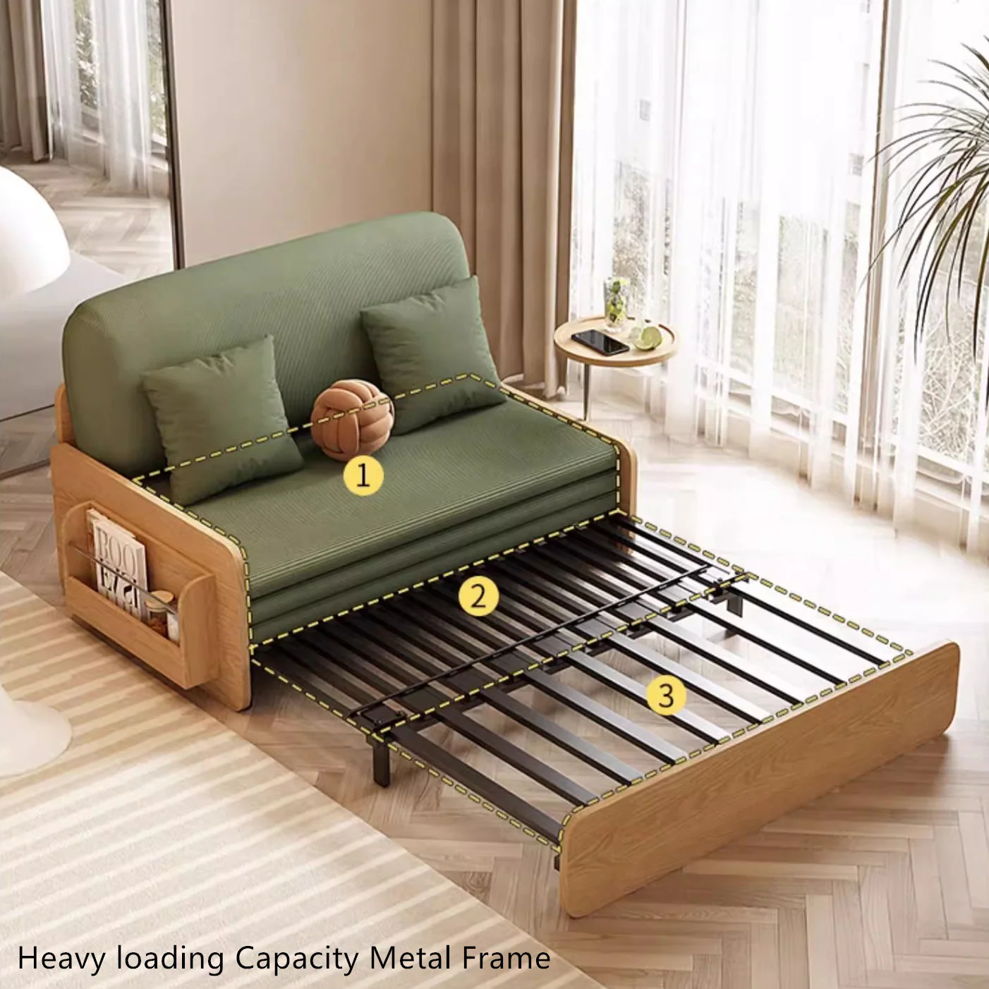 Japandi Log Style Pull Out Corduroy Fabric Sofa Bed with Rotating Armrest Tray and Storage - Image 13