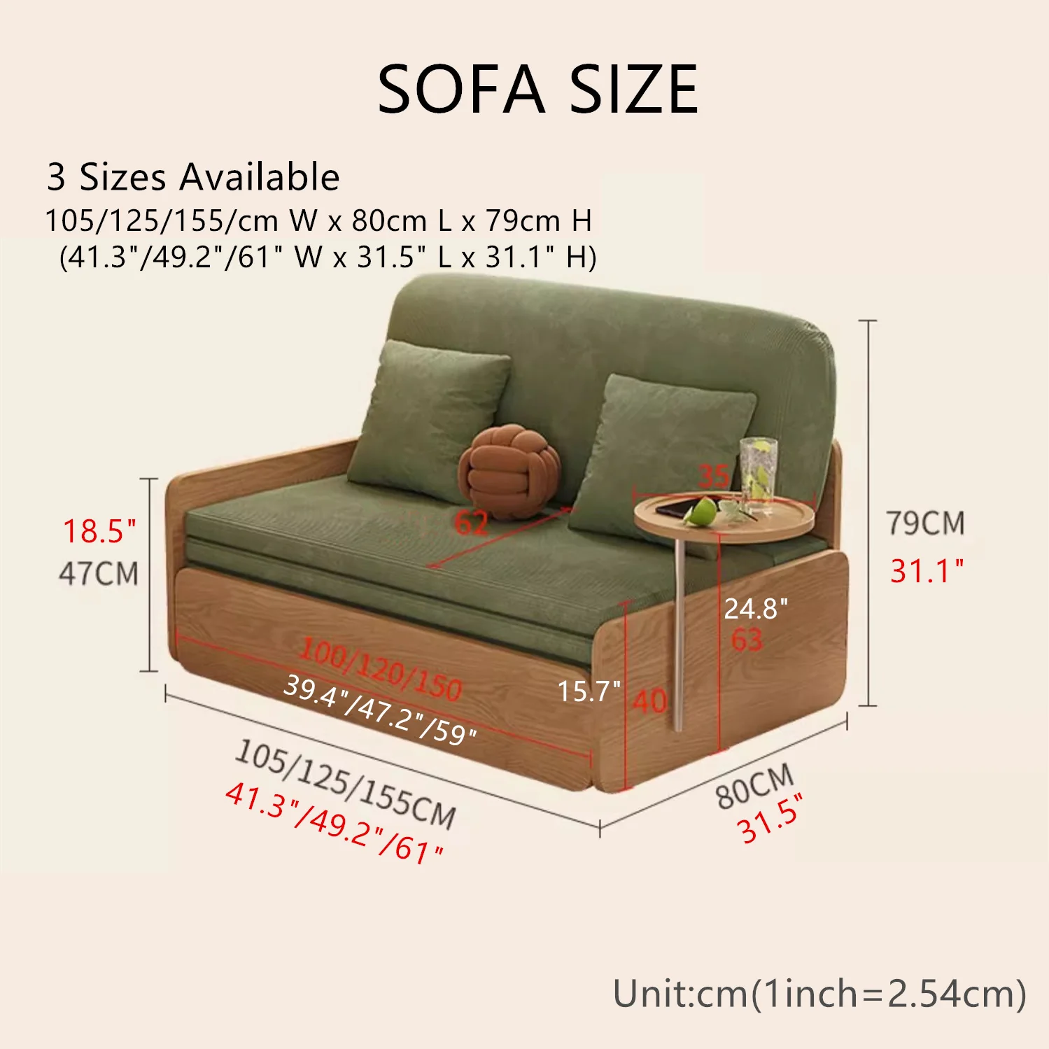 Japandi Log Style Pull Out Corduroy Fabric Sofa Bed with Rotating Armrest Tray and Storage - Image 14