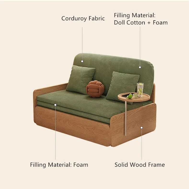 Japandi Log Style Pull Out Corduroy Fabric Sofa Bed with Rotating Armrest Tray and Storage - Image 16