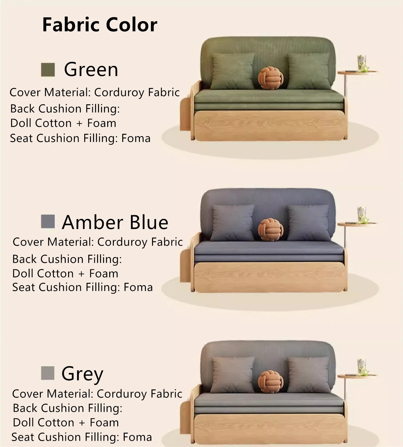 Japandi Log Style Pull Out Corduroy Fabric Sofa Bed with Rotating Armrest Tray and Storage - Image 17