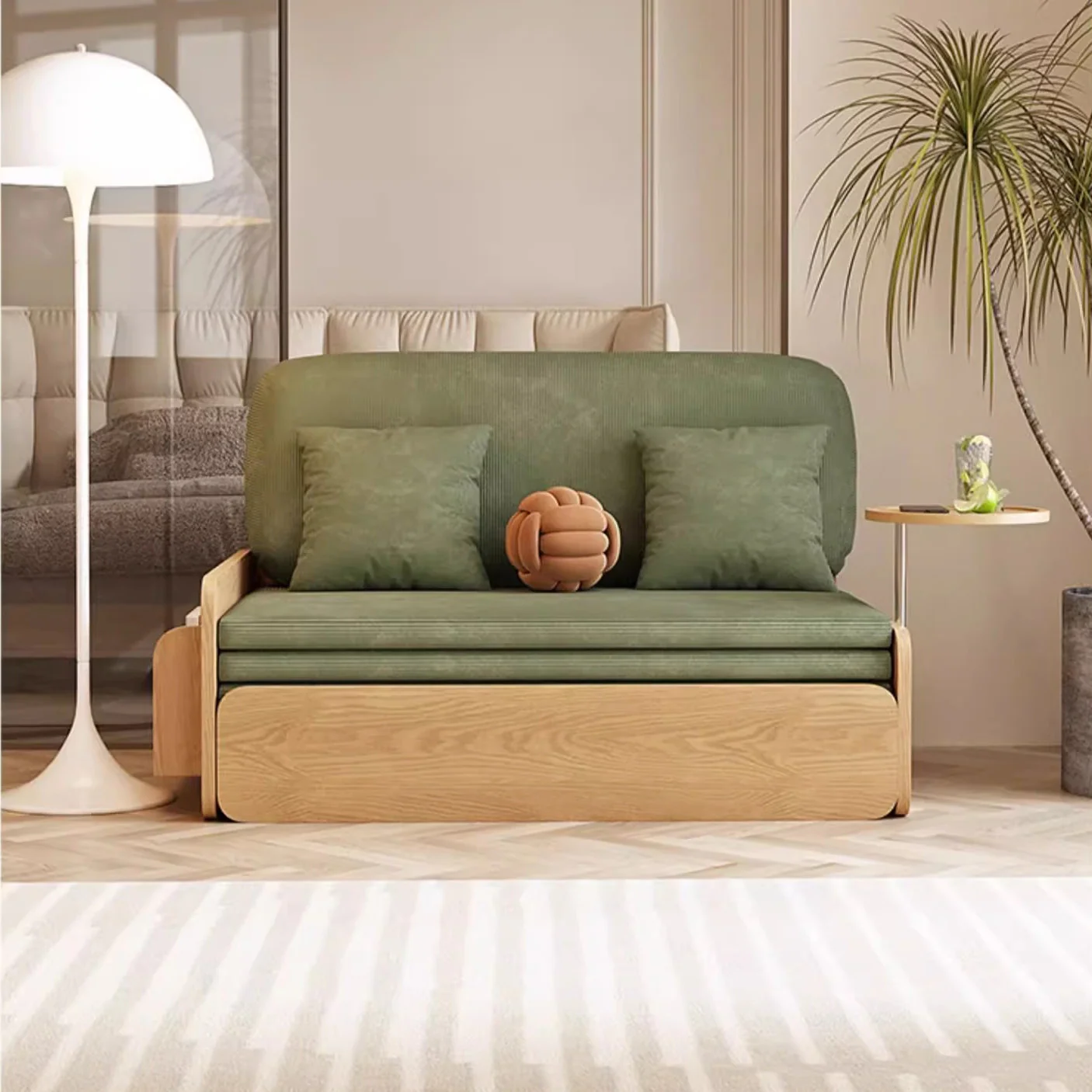 Japandi Log Style Pull Out Corduroy Fabric Sofa Bed with Rotating Armrest Tray and Storage - Image 2