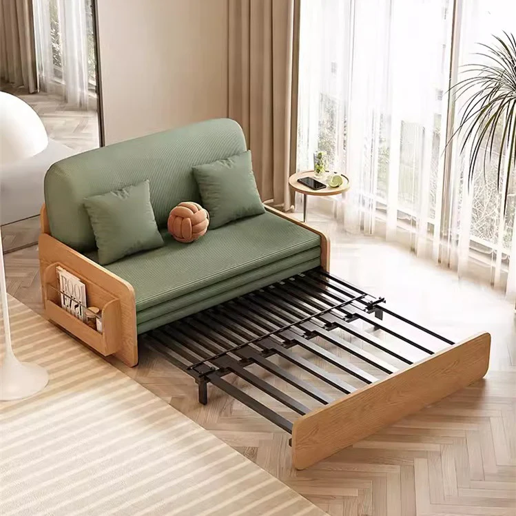 Japandi Log Style Pull Out Corduroy Fabric Sofa Bed with Rotating Armrest Tray and Storage - Image 3