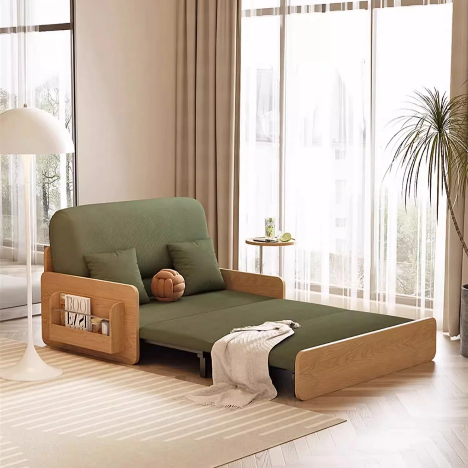 Japandi Log Style Pull Out Corduroy Fabric Sofa Bed with Rotating Armrest Tray and Storage - Image 4