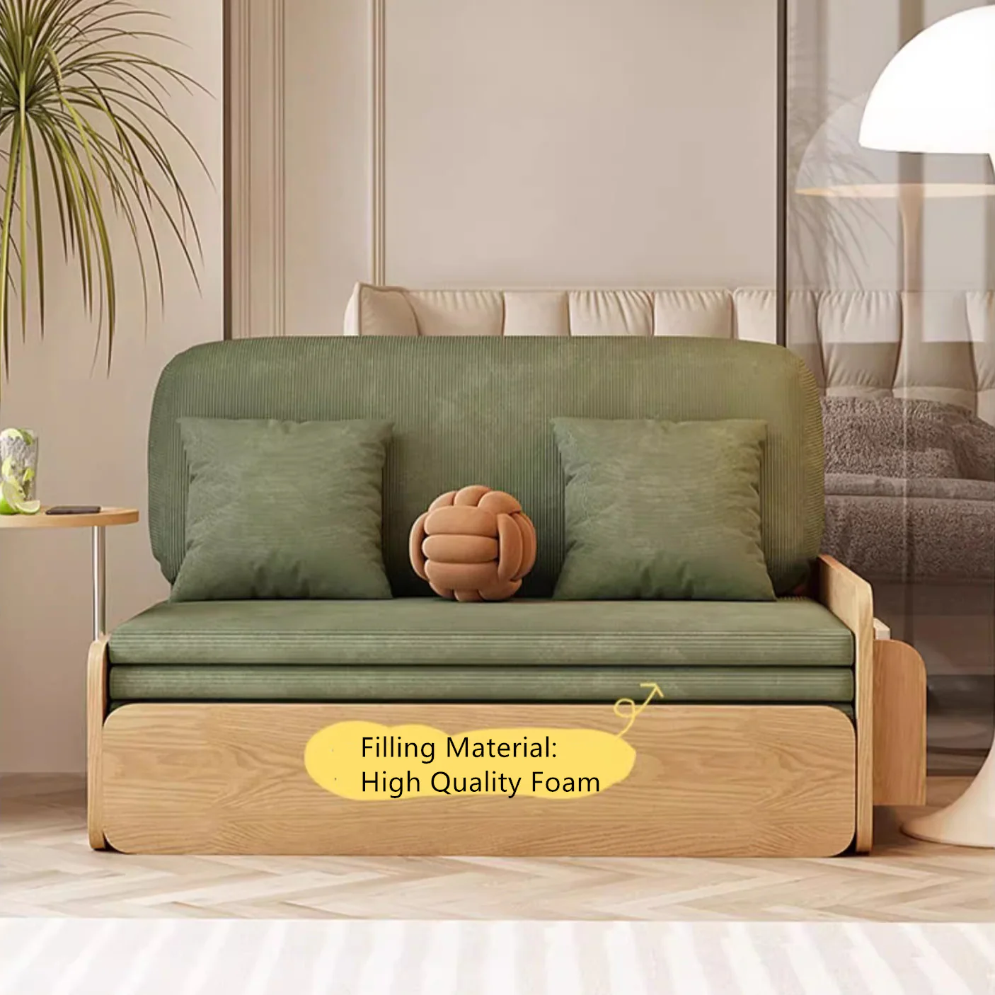 Japandi Log Style Pull Out Corduroy Fabric Sofa Bed with Rotating Armrest Tray and Storage - Image 5