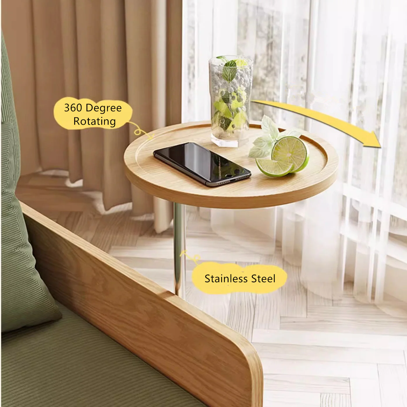 Japandi Log Style Pull Out Corduroy Fabric Sofa Bed with Rotating Armrest Tray and Storage - Image 6