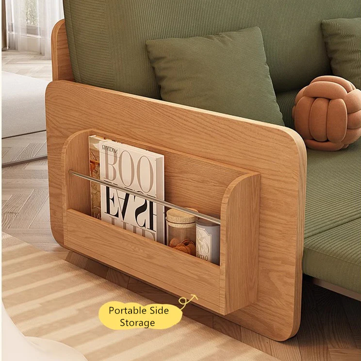 Japandi Log Style Pull Out Corduroy Fabric Sofa Bed with Rotating Armrest Tray and Storage - Image 7