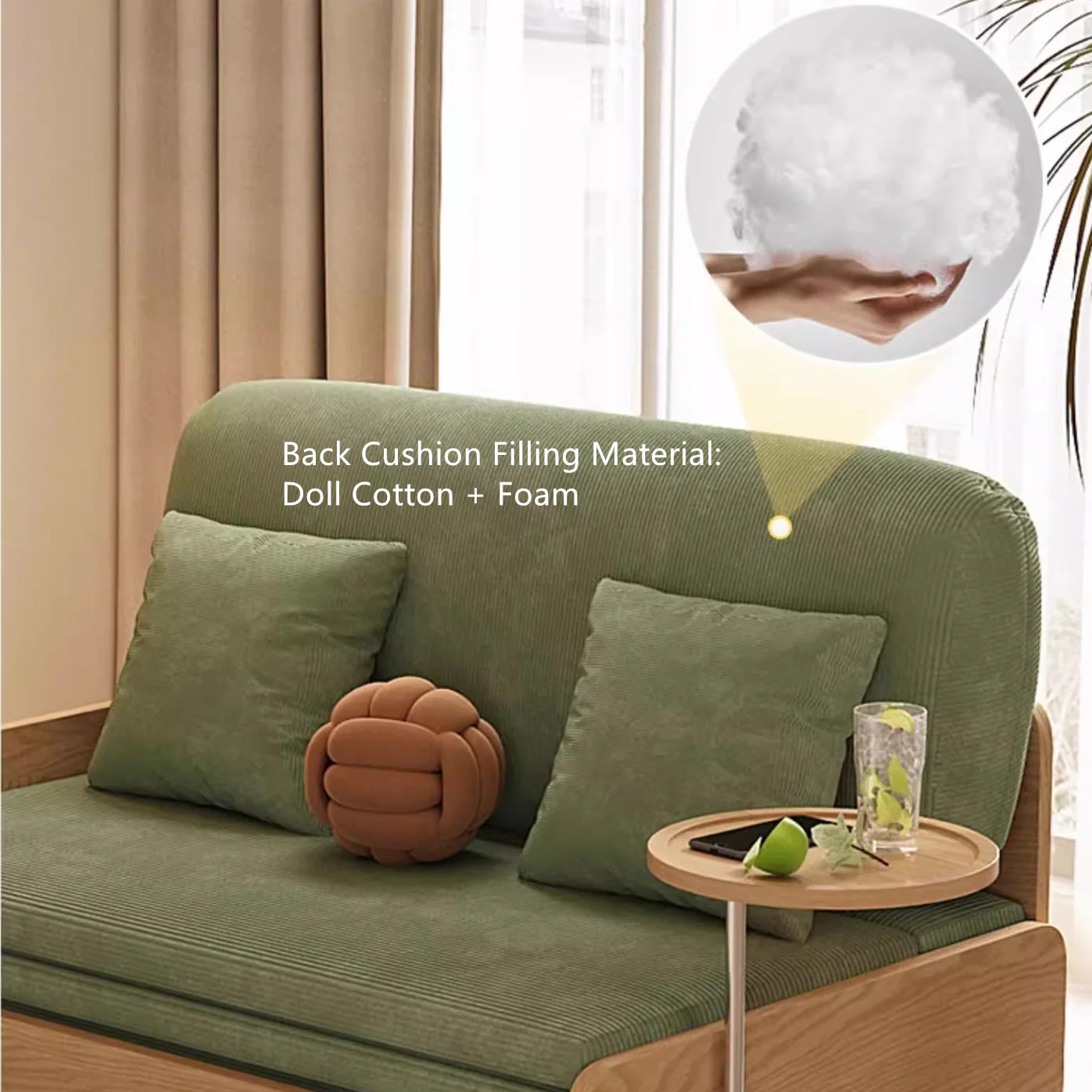 Japandi Log Style Pull Out Corduroy Fabric Sofa Bed with Rotating Armrest Tray and Storage - Image 8