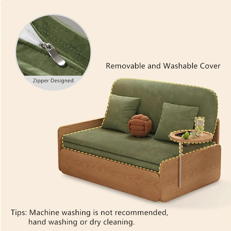 Japandi Log Style Pull Out Corduroy Fabric Sofa Bed with Rotating Armrest Tray and Storage - Image 9