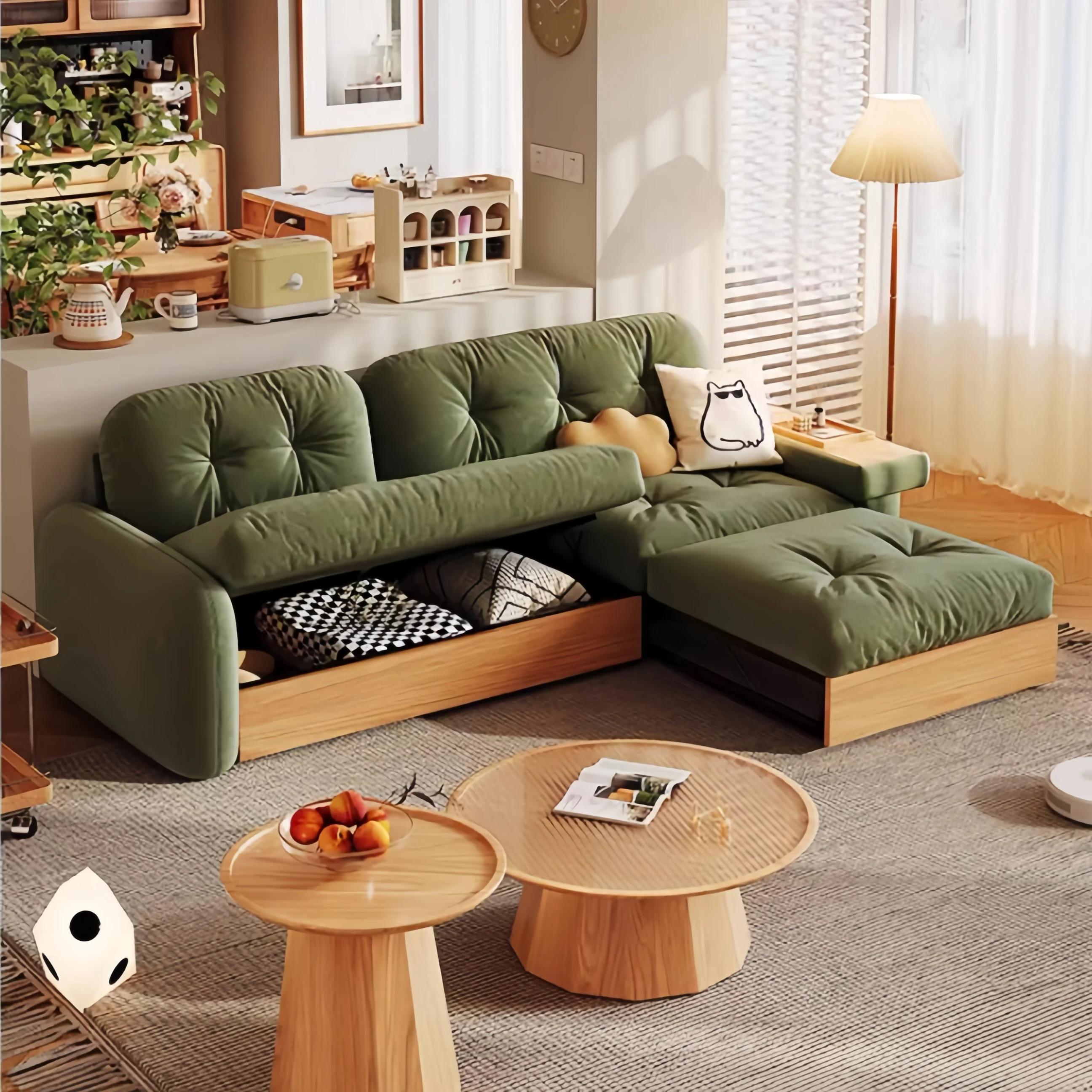 Japandi Pull Out Lounge Chaise and Sofa with Underneath Storage - Image 18