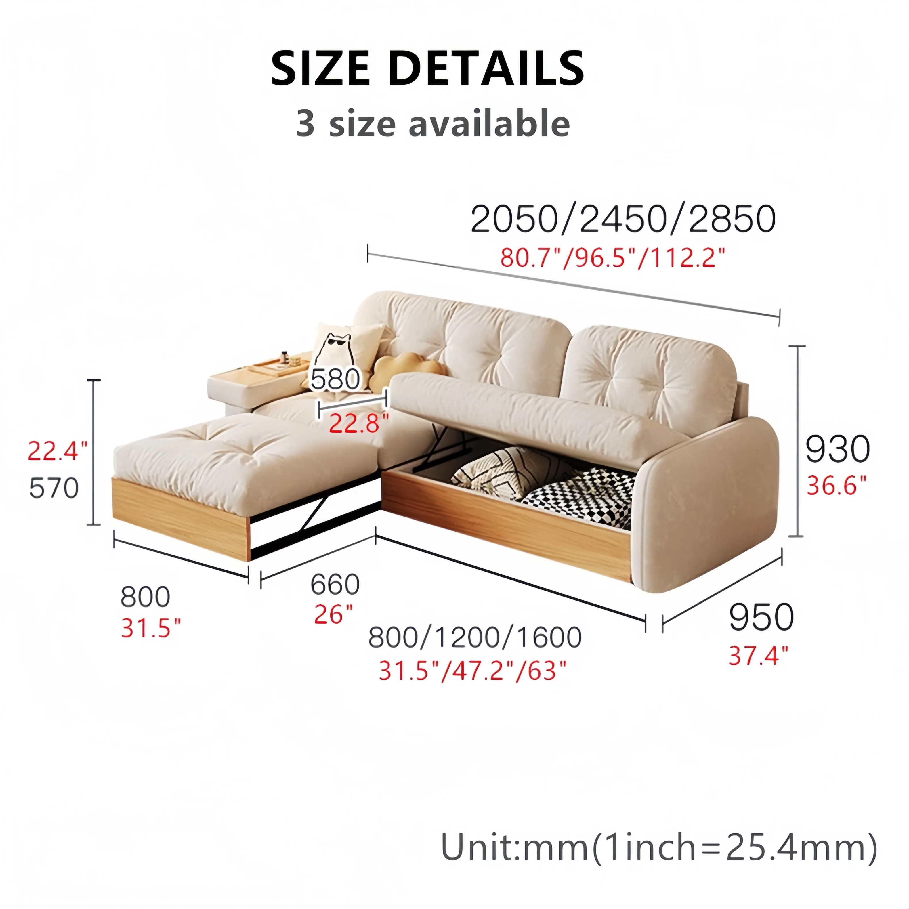 Japandi Pull Out Lounge Chaise and Sofa with Underneath Storage - Image 20