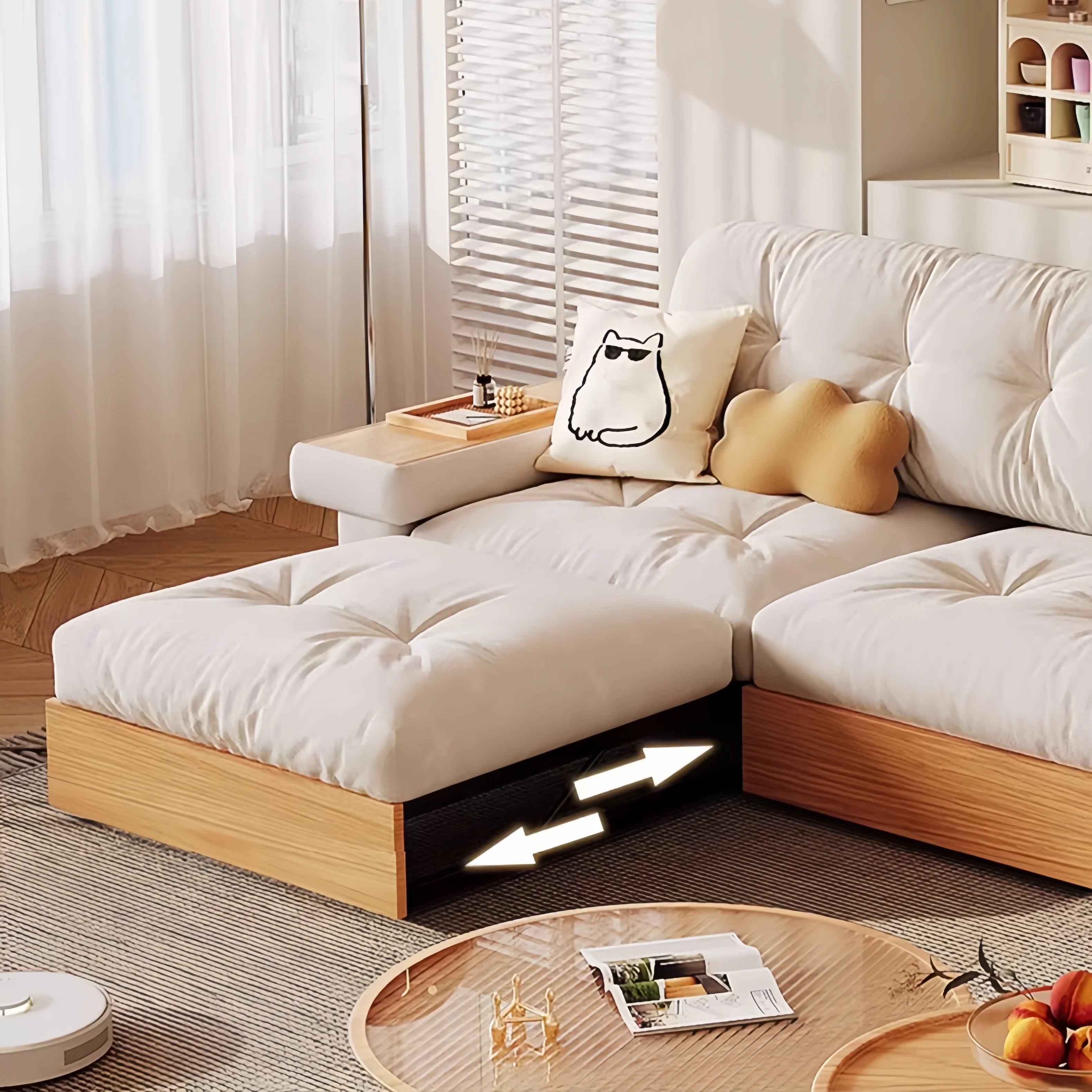 Japandi Pull Out Lounge Chaise and Sofa with Underneath Storage - Image 5