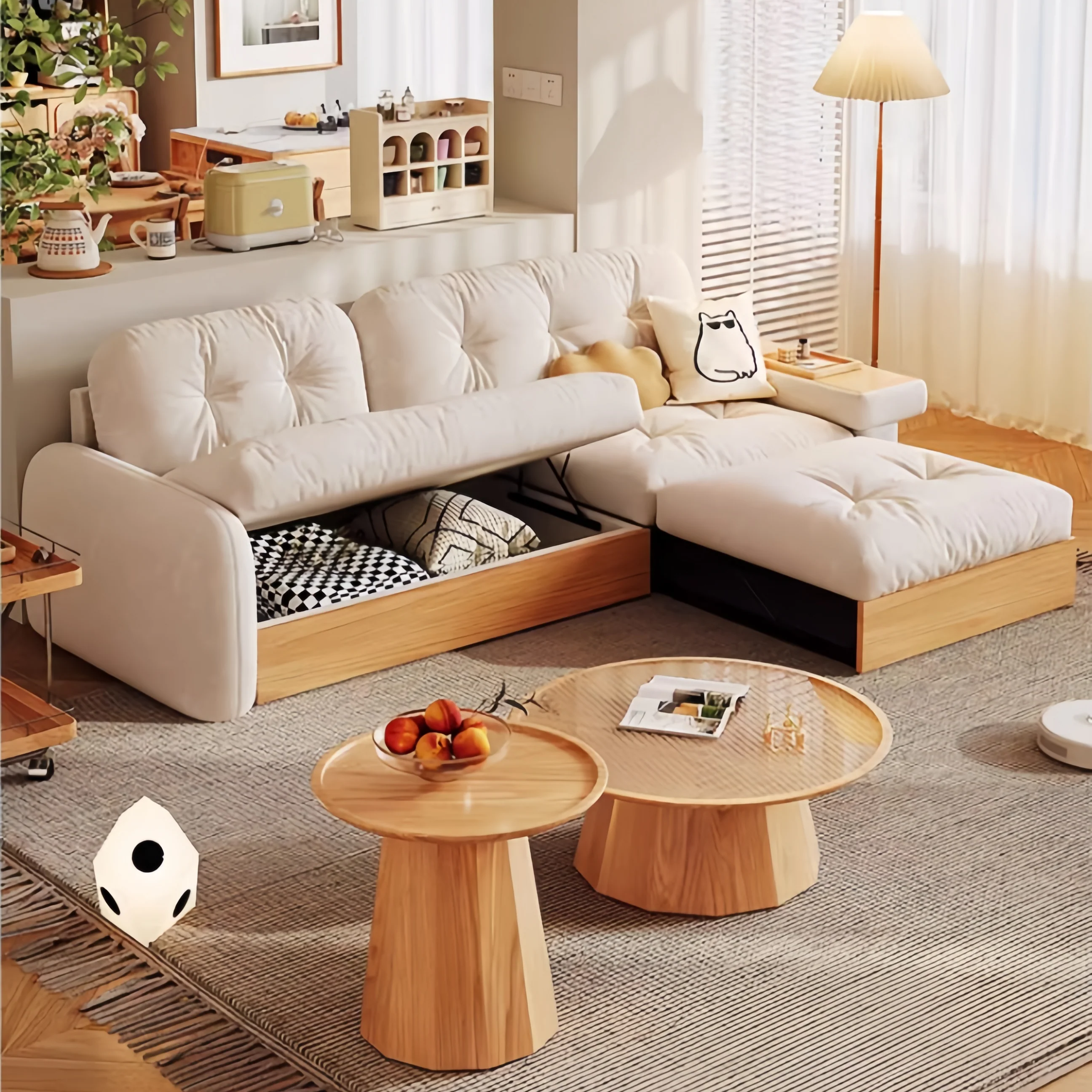 Japandi Pull Out Lounge Chaise and Sofa with Underneath Storage - Image 7