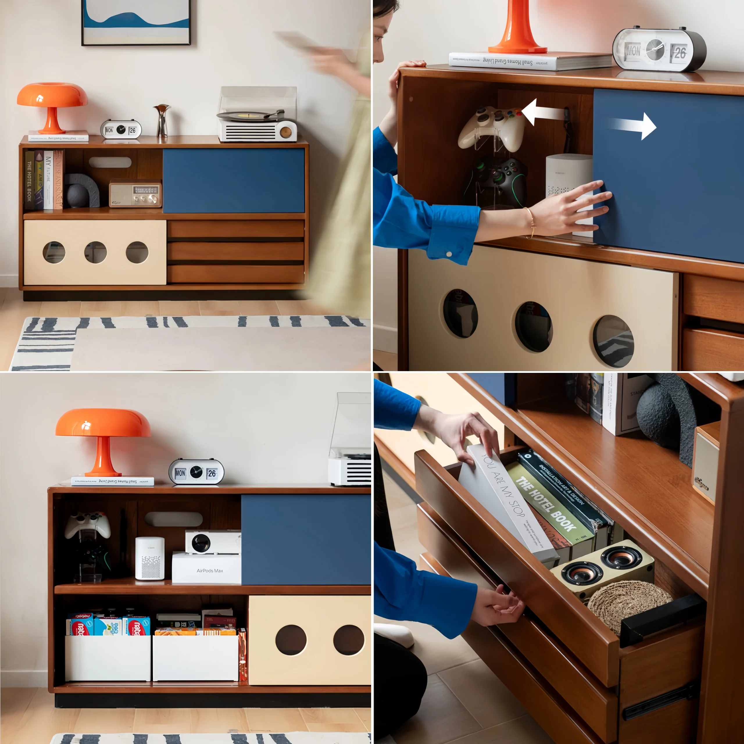 Japandi Solid Boxwood Media Console with Sliding Door and Drawers