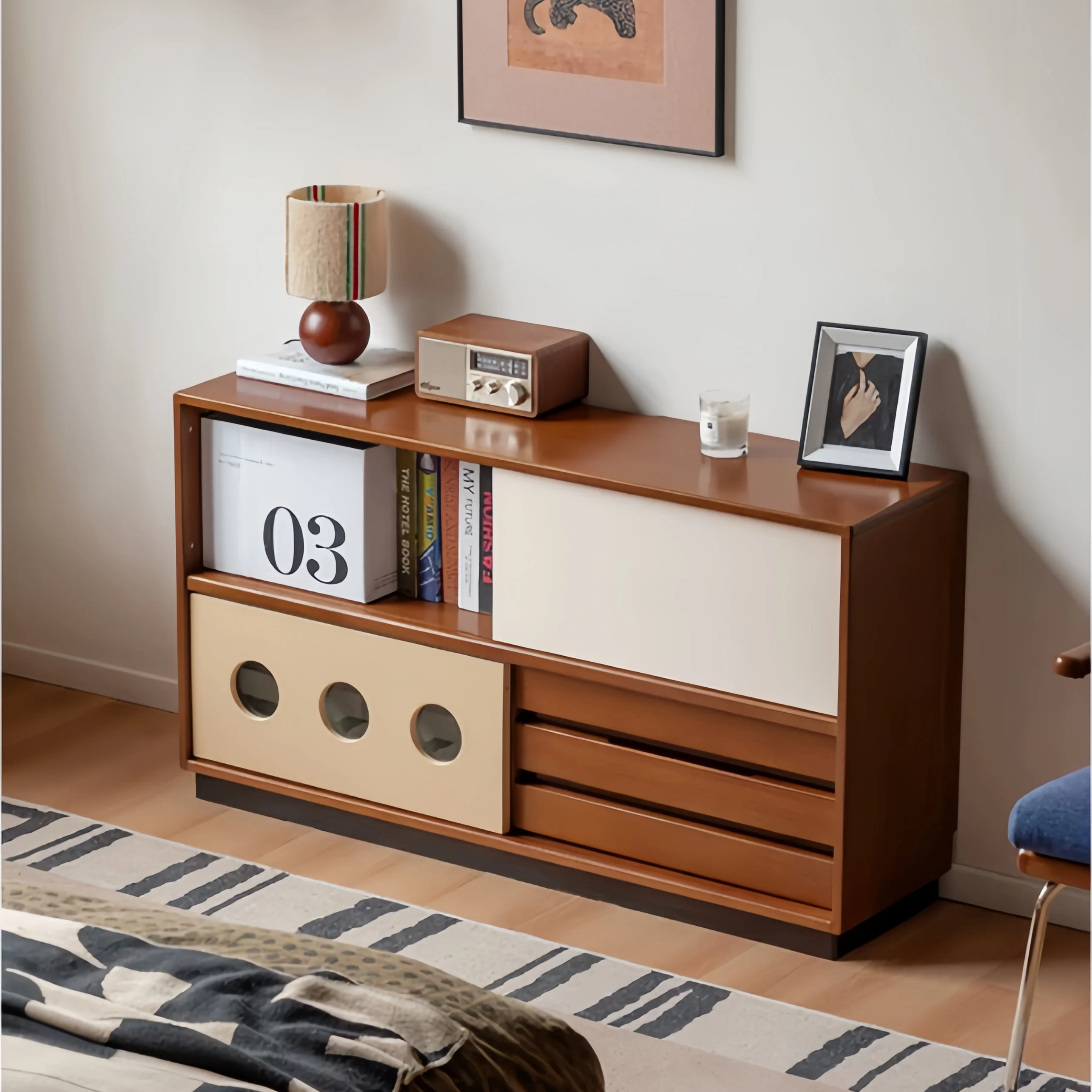Japandi Solid Boxwood Media Console with Sliding Door and Drawers - Image 10