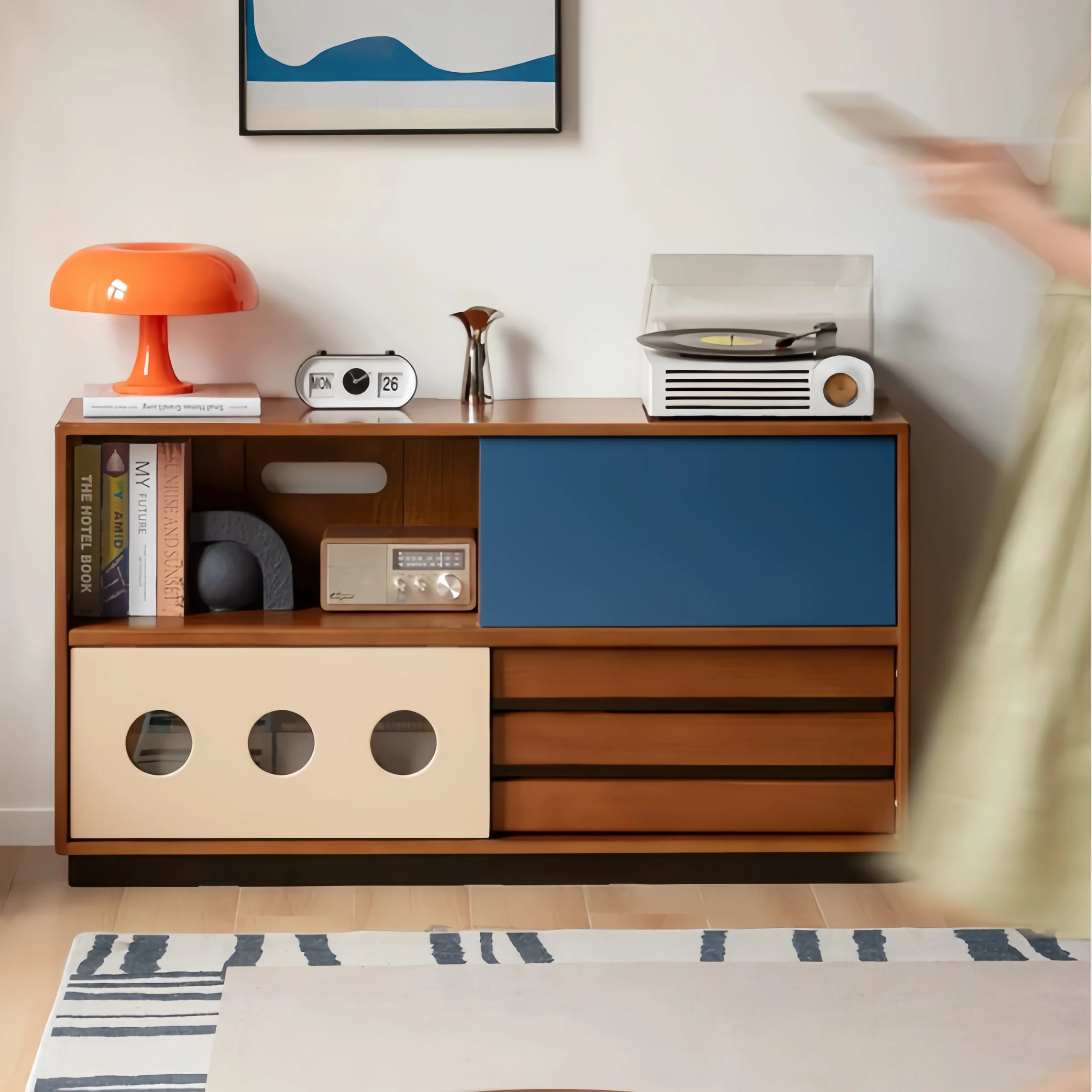 Japandi Solid Boxwood Media Console with Sliding Door and Drawers - Image 2