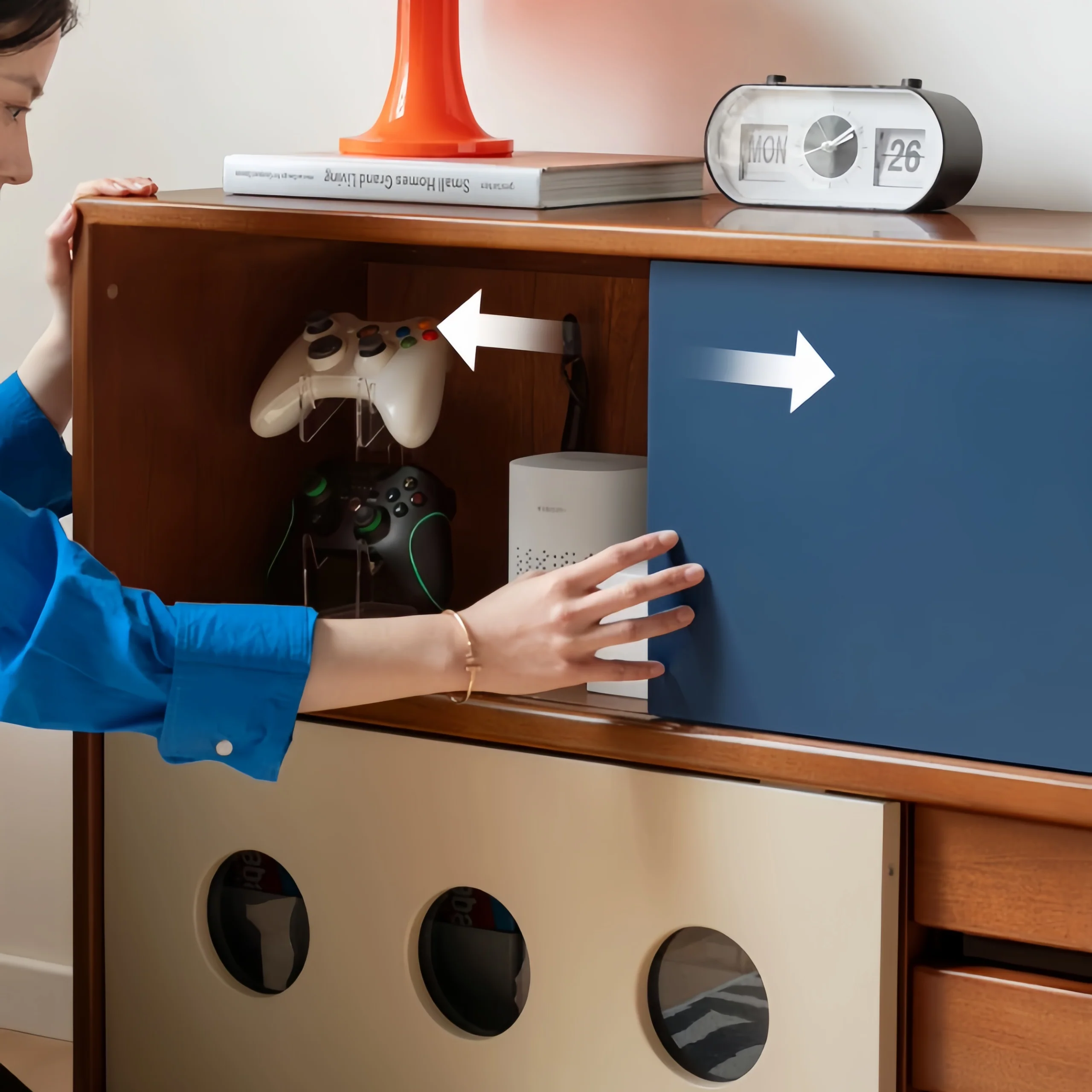 Japandi Solid Boxwood Media Console with Sliding Door and Drawers - Image 3