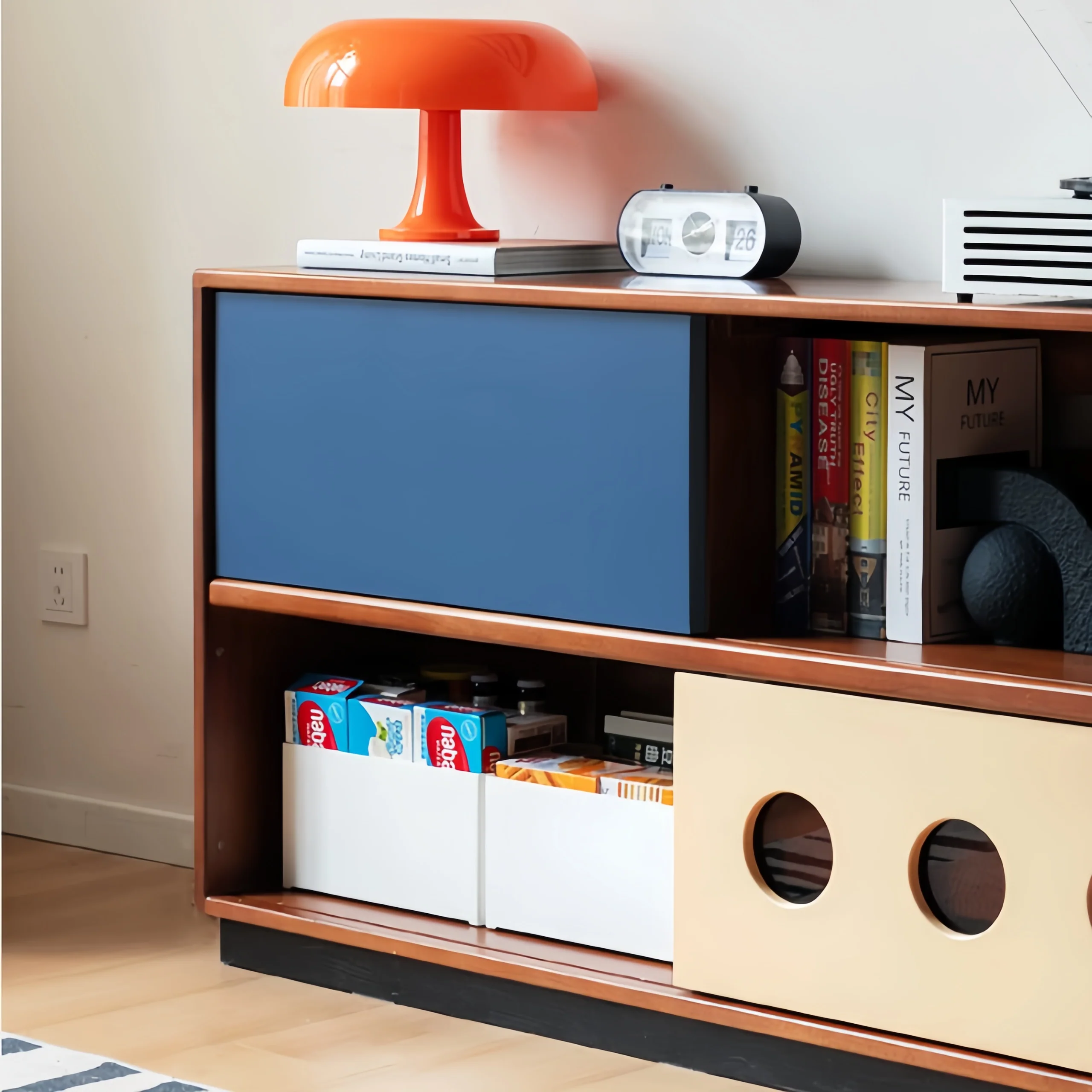Japandi Solid Boxwood Media Console with Sliding Door and Drawers - Image 4