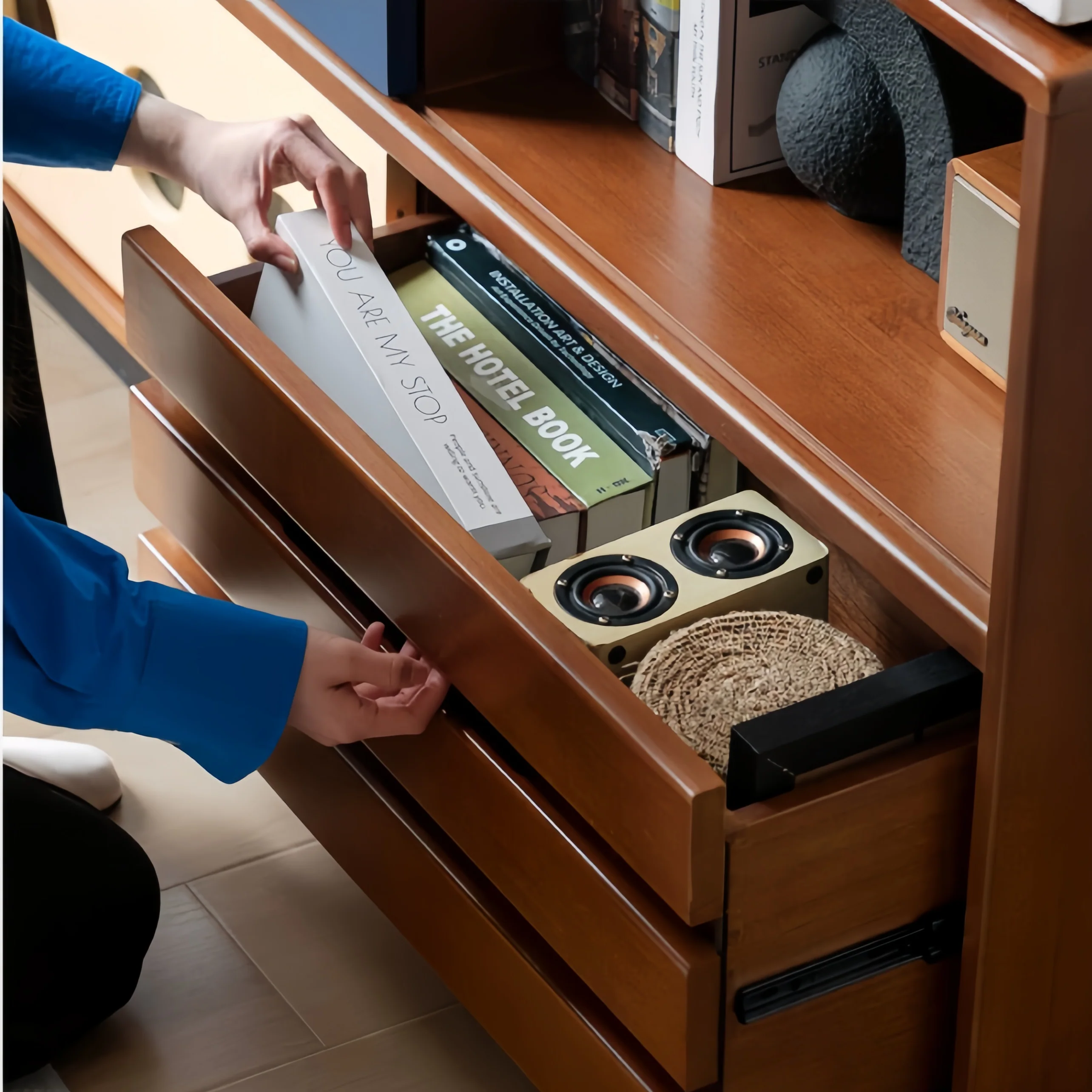 Japandi Solid Boxwood Media Console with Sliding Door and Drawers - Image 6