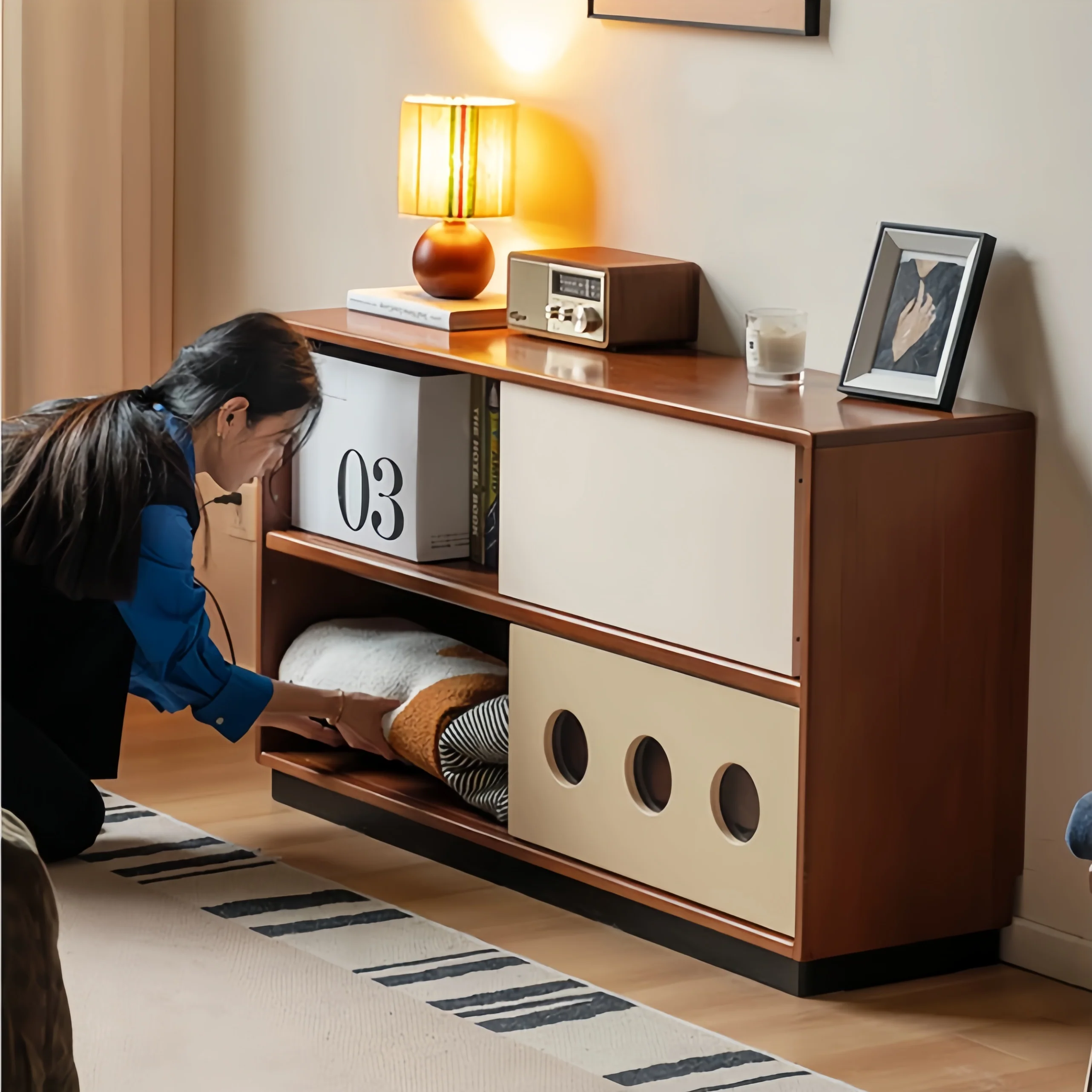 Japandi Solid Boxwood Media Console with Sliding Door and Drawers - Image 7