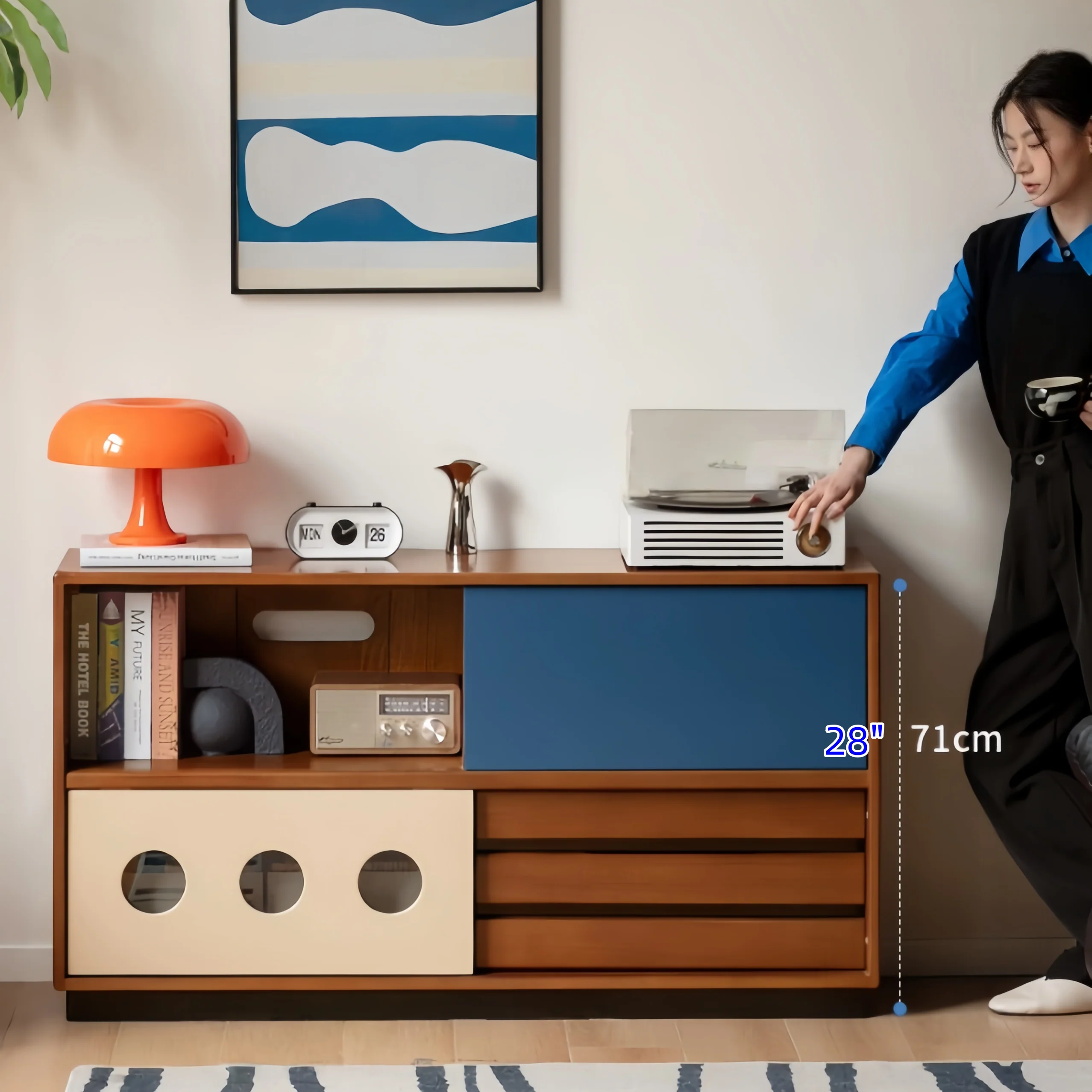 Japandi Solid Boxwood Media Console with Sliding Door and Drawers - Image 8