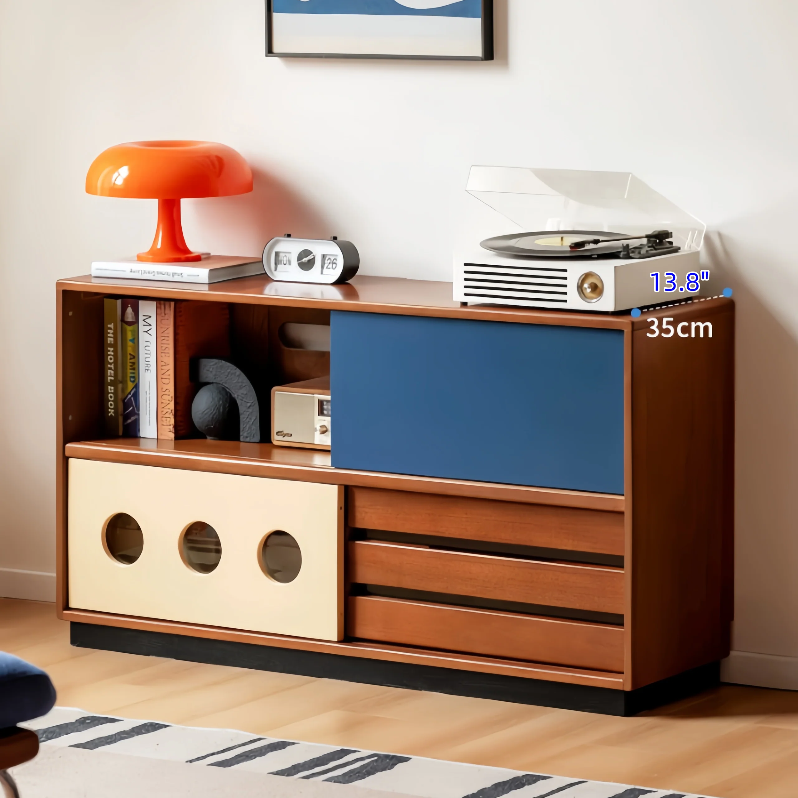 Japandi Solid Boxwood Media Console with Sliding Door and Drawers - Image 9