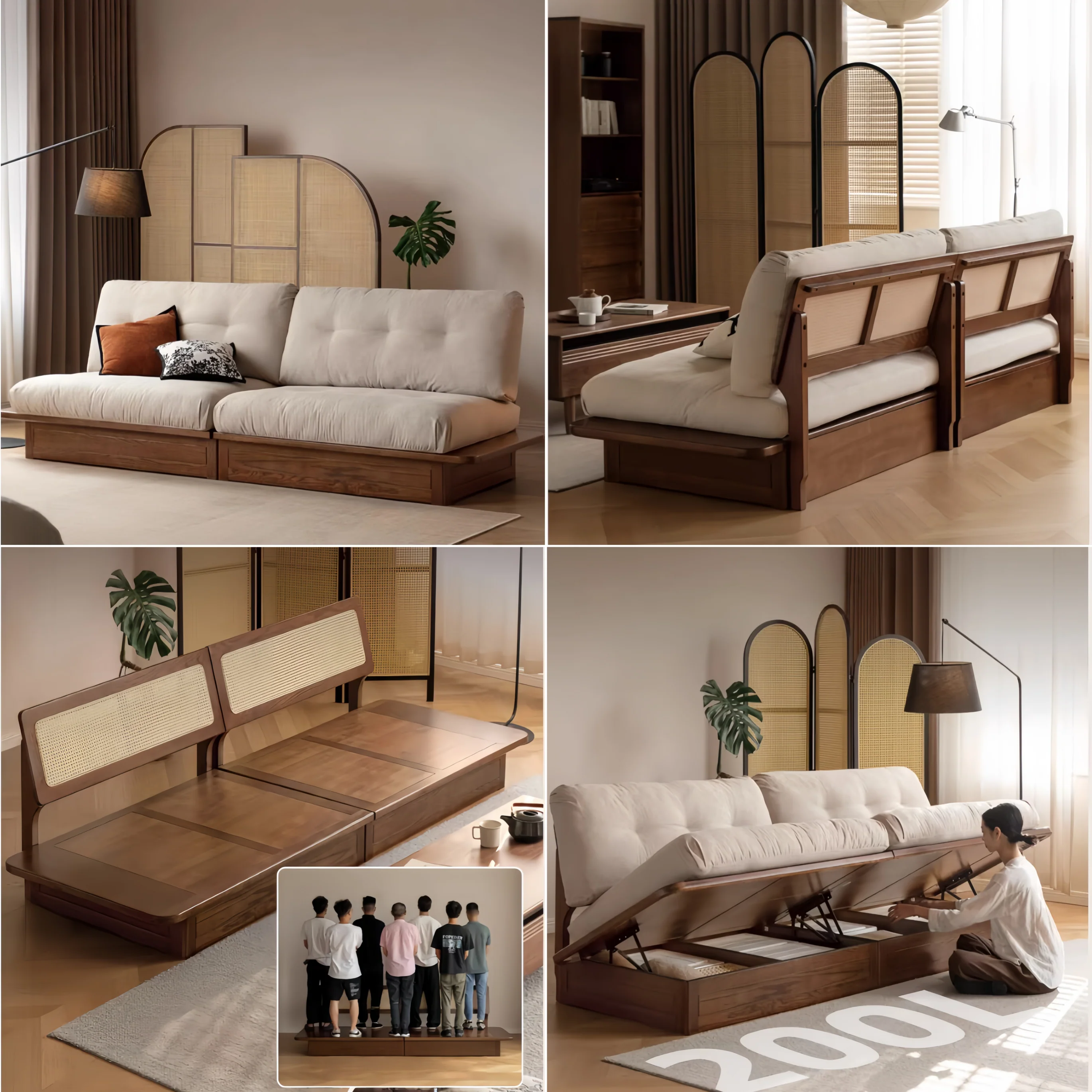 Japandi Solid Oak Wood Frame Sofa with Large Under-Seat Storage