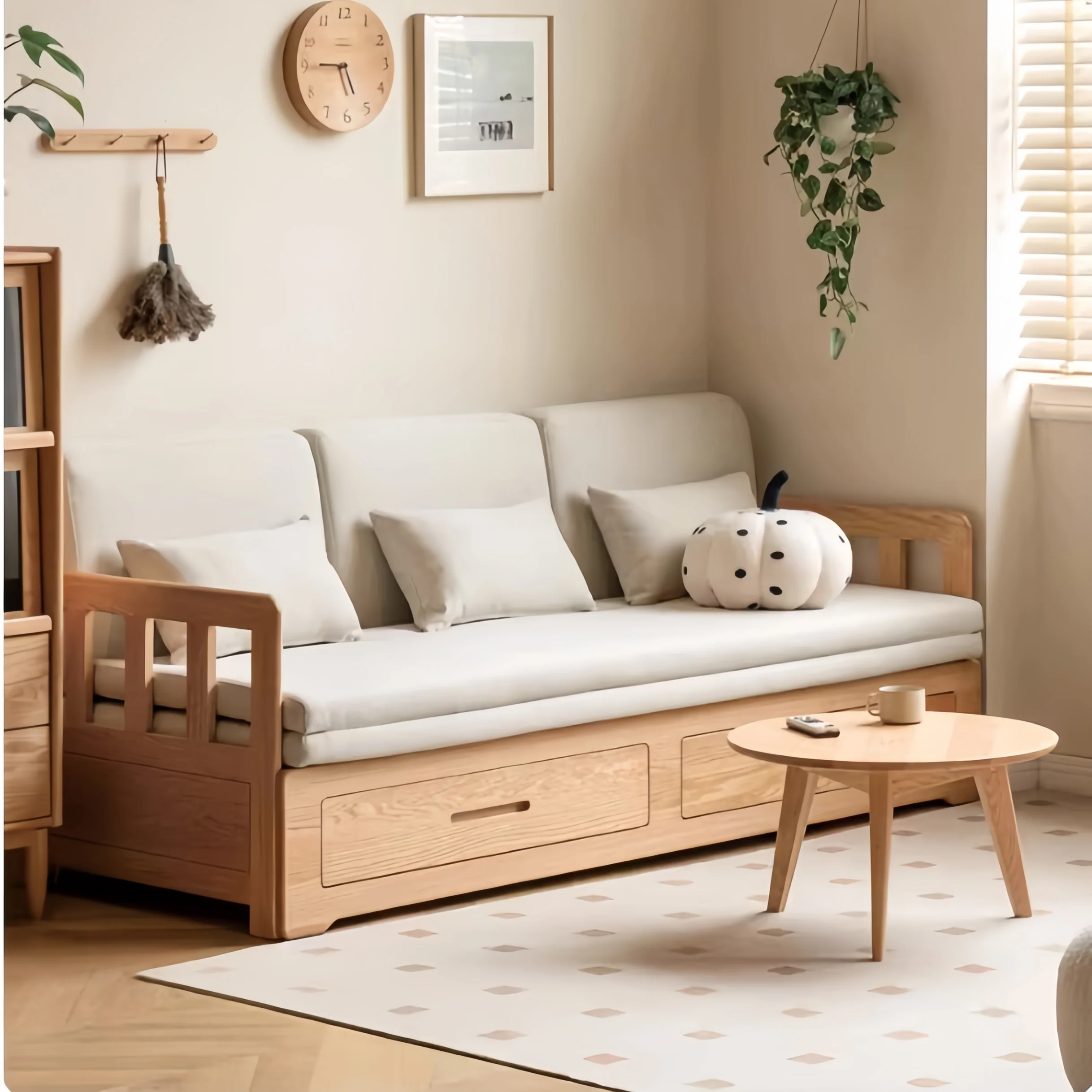 Japandi Solid Wood Frame Pull-Out Sofa Bed with Double Drawer Storage - Image 2