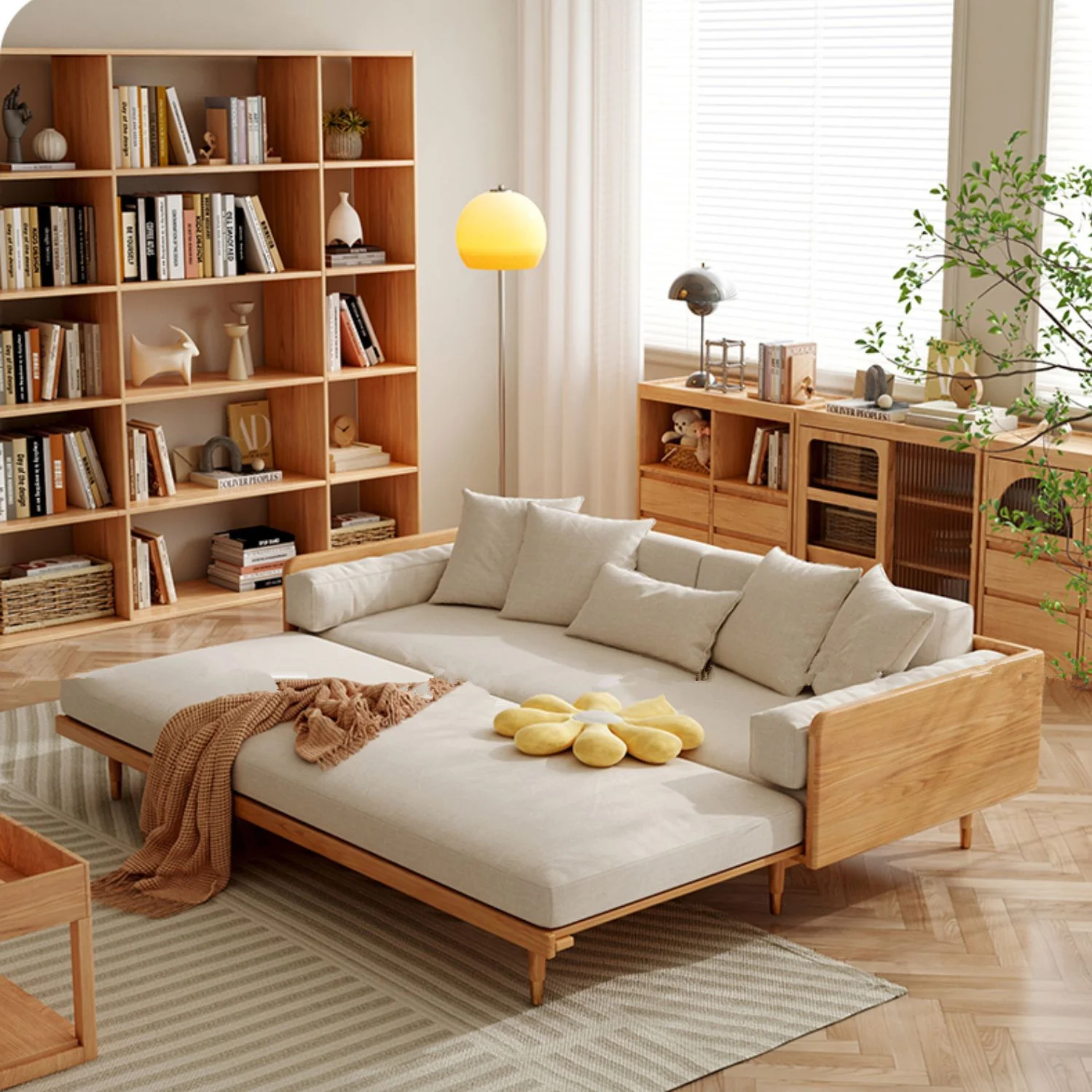 Japandi Solid Wood Frame Sofa Bed - Image 4