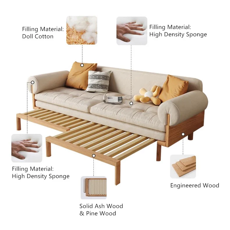 Japandi Solid Wood Recessed Arms Folding Sleeper Sofa Bed - Image 10
