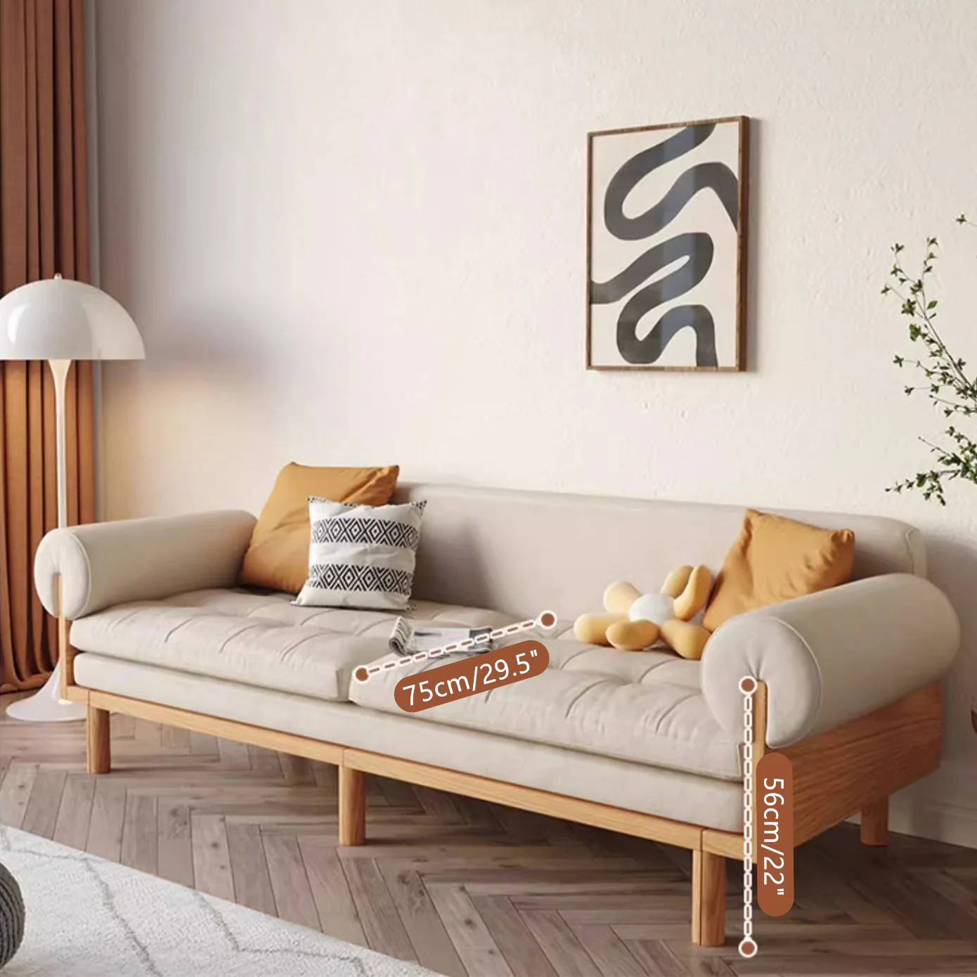 Japandi Solid Wood Recessed Arms Folding Sleeper Sofa Bed - Image 2