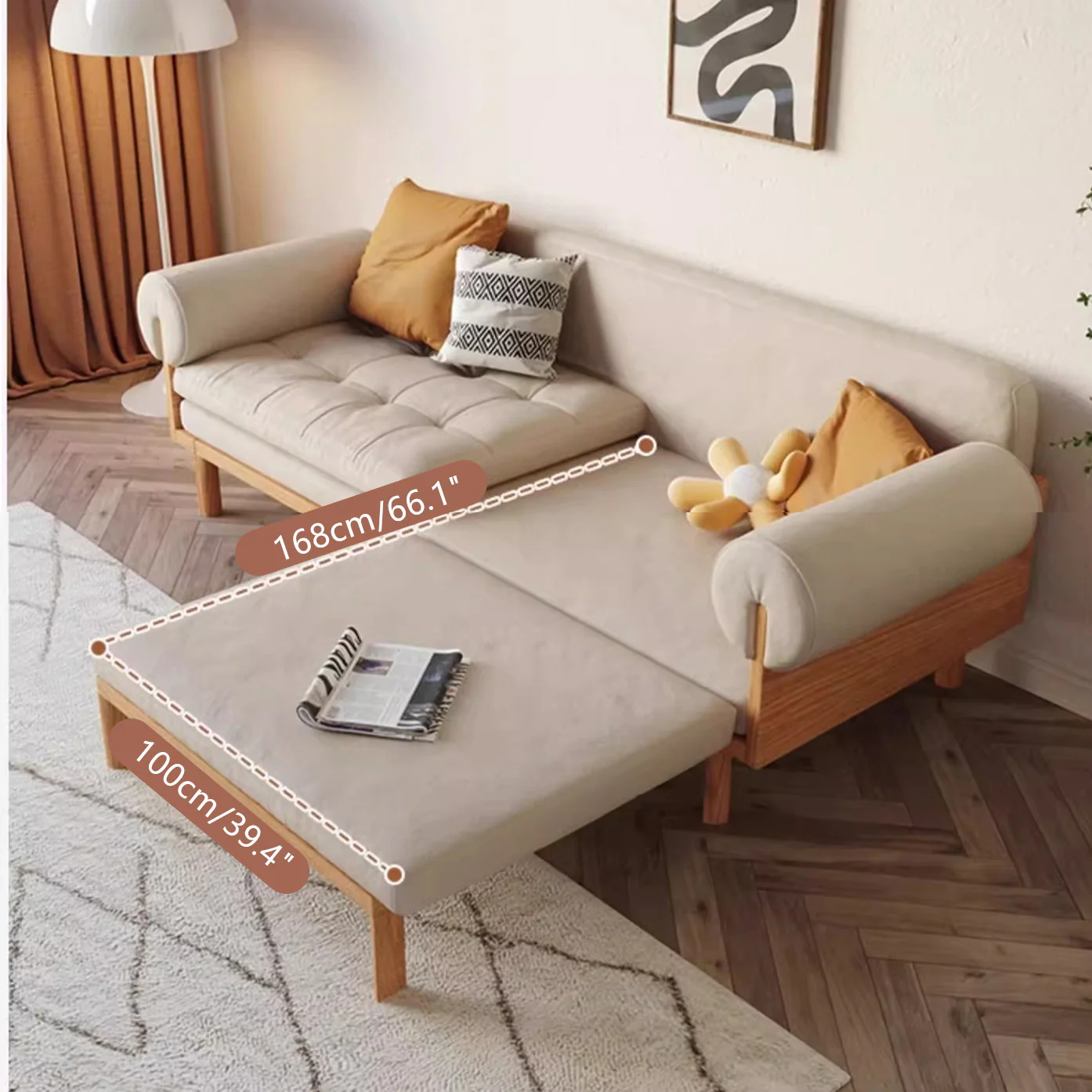 Japandi Solid Wood Recessed Arms Folding Sleeper Sofa Bed - Image 3